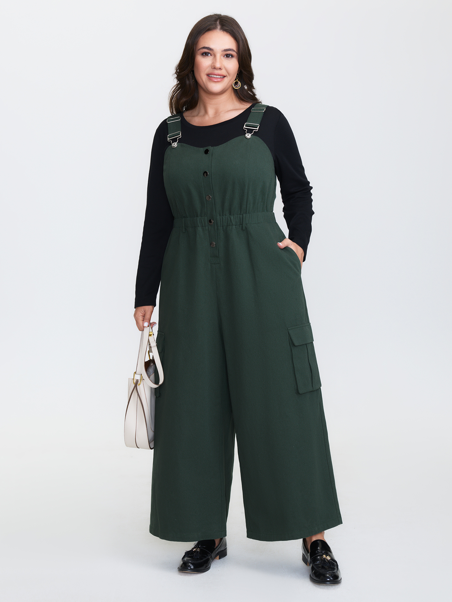BloomChic Women's Plus Size Adjustable Overall Shirred Wide-Leg Jumpsuit DarkSlateGray Everyday-Casual 10/M