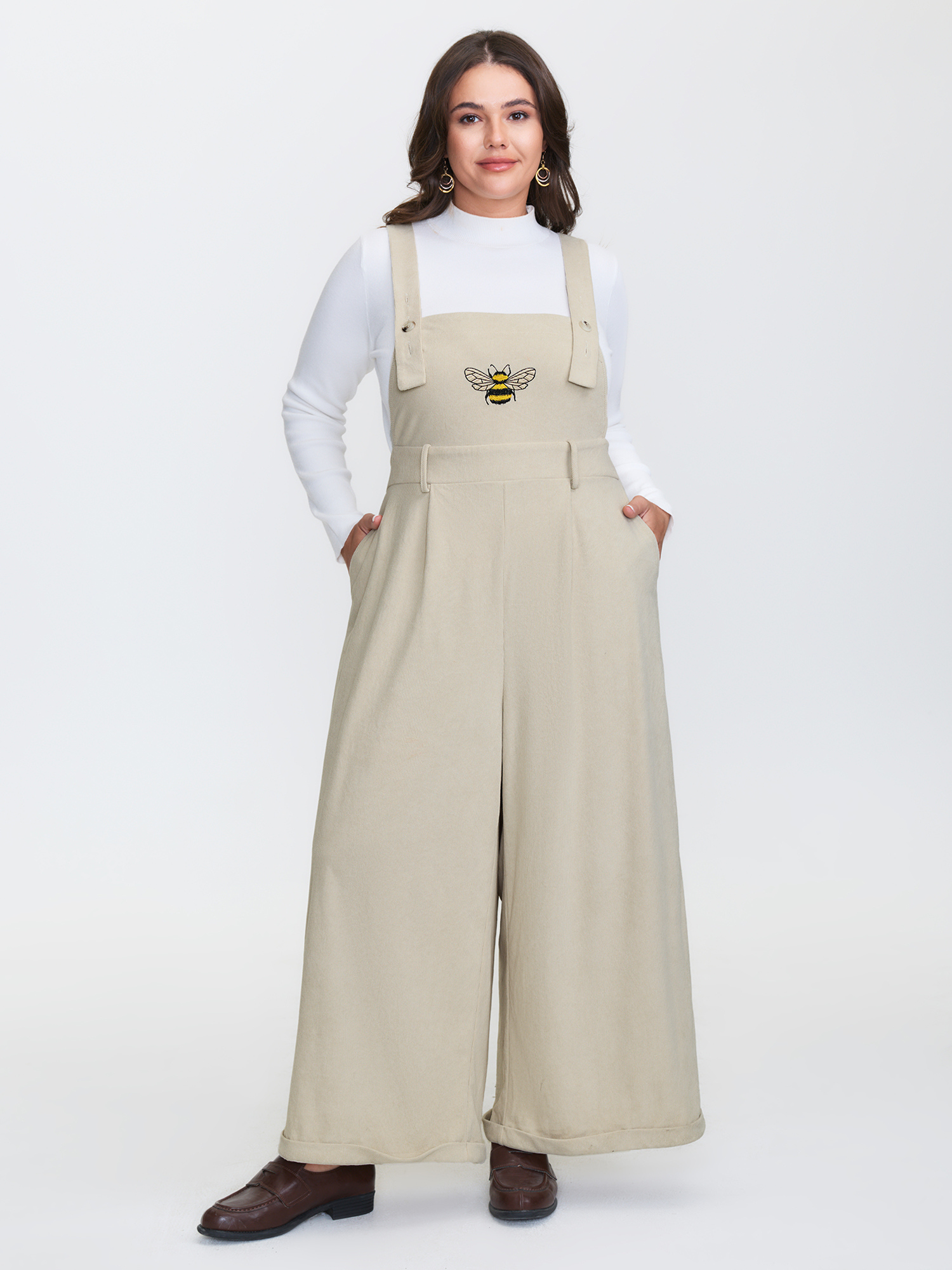 BloomChic Women's Plus Size Corduroy Embroidered Adjustable Overall Jumpsuit Beige Everyday-Casual 12/L