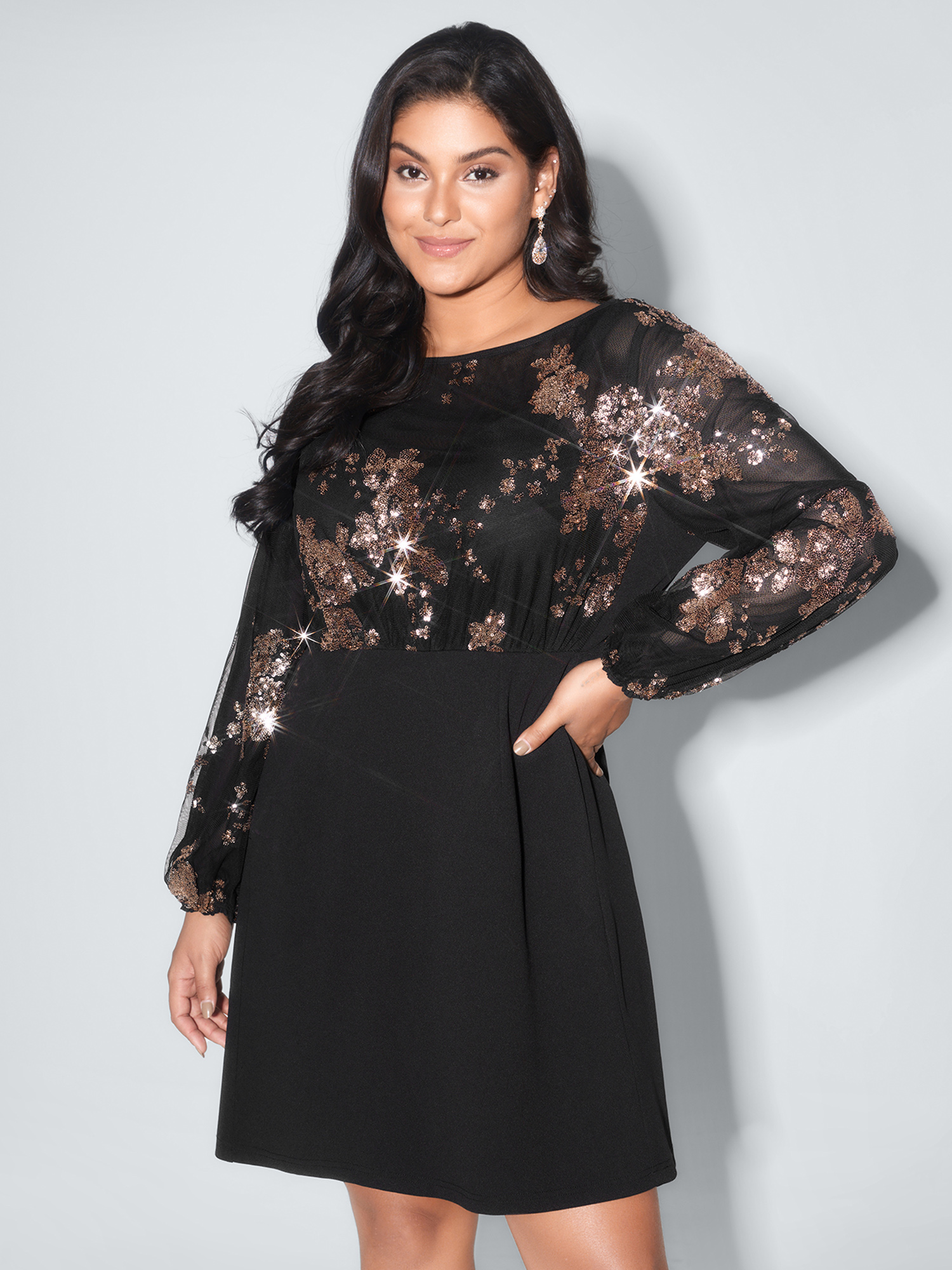BloomChic Women's Plus Size Floral Print Sheer Contrast Midi Dress BlackFlower Foil Print Mini Occasion Patchwork 30/6X