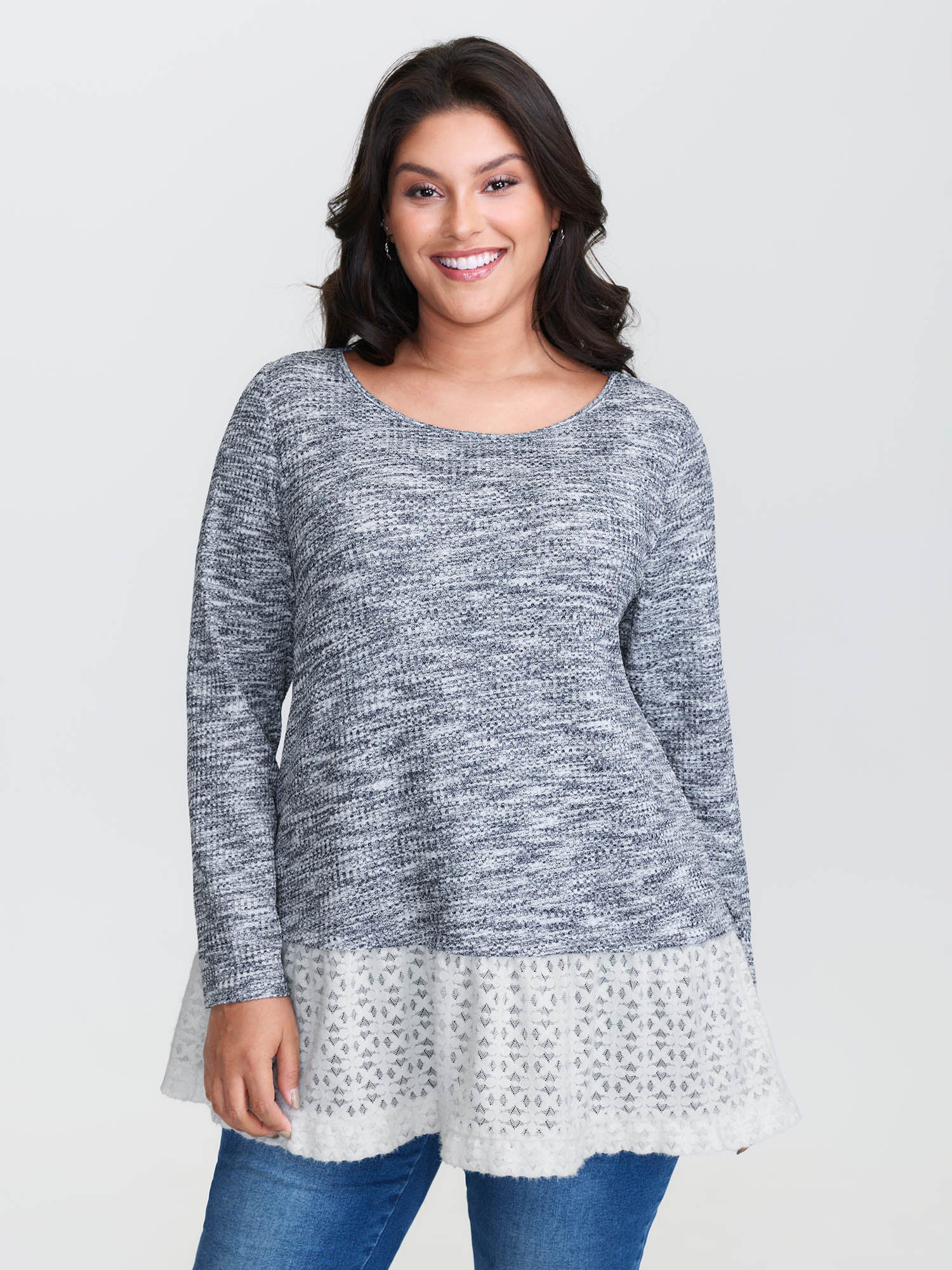 BloomChic Women's Plus Size Plain Layered Lace Hem Knit Top Multicolor Long Sleeve Everyday-Casual Round Neck 10/M