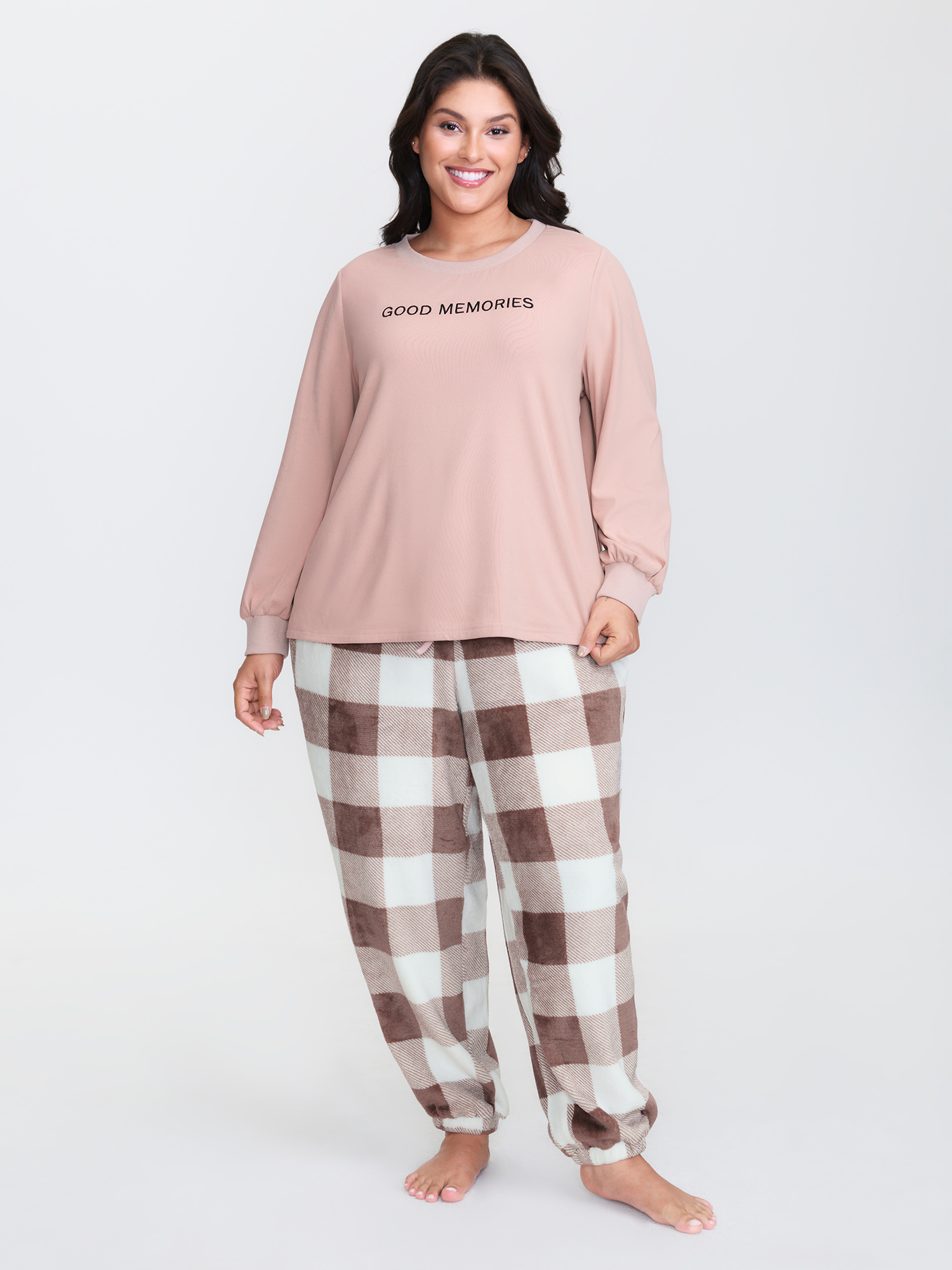 BloomChic Women's Plus Size Textured Embroidered Color Contrast Lounge Set LightBrown Plaid Long Sleeve Embroidered 22-24/3X-image-47714940256426