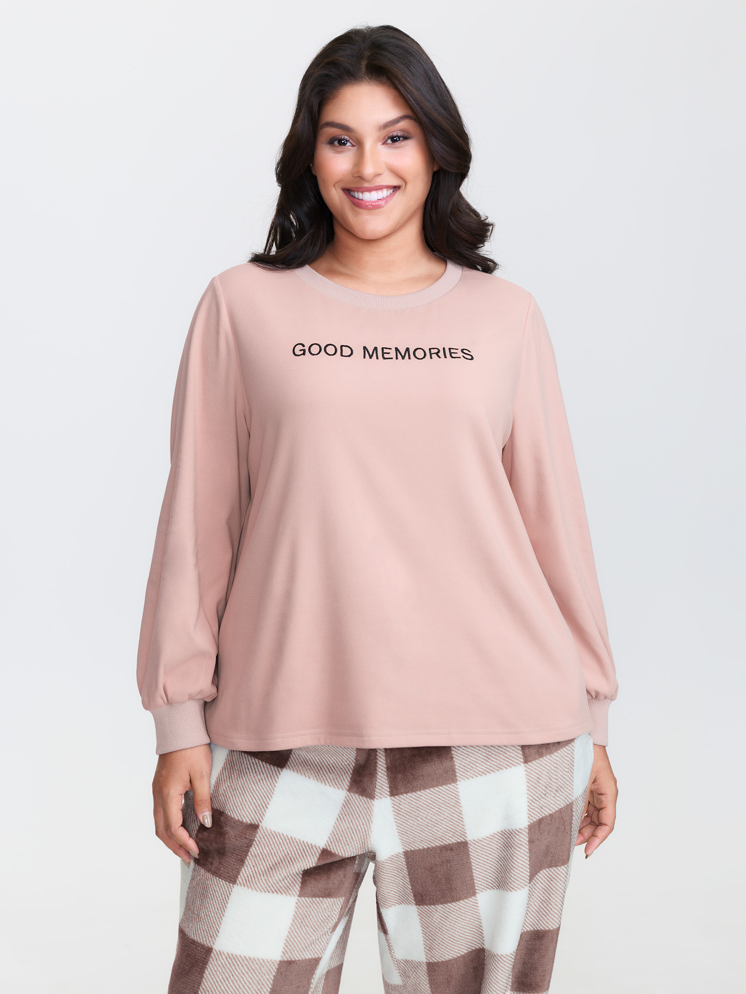 Side view of BloomChic Women's Plus Size Textured Embroidered Color Contrast Lounge Set LightBrown Plaid Long Sleeve Embroidered 18-20/2X