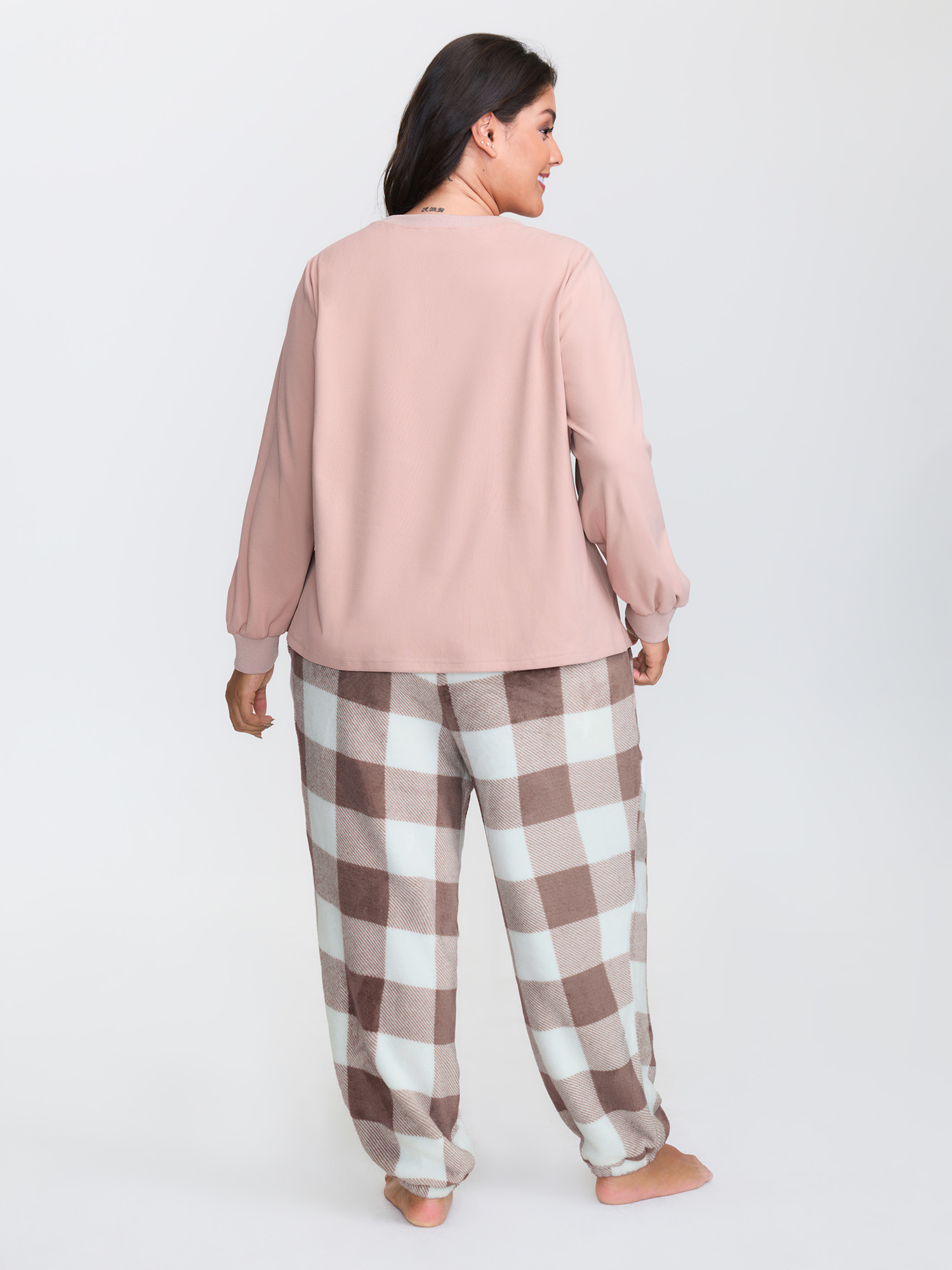 Side view of BloomChic Women's Plus Size Textured Embroidered Color Contrast Lounge Set LightBrown Plaid Long Sleeve Embroidered 18-20/2X