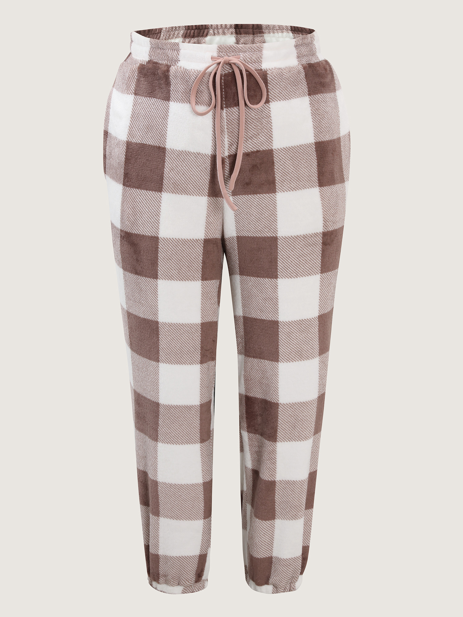 Side view of BloomChic Women's Plus Size Textured Embroidered Color Contrast Lounge Set LightBrown Plaid Long Sleeve Embroidered 18-20/2X