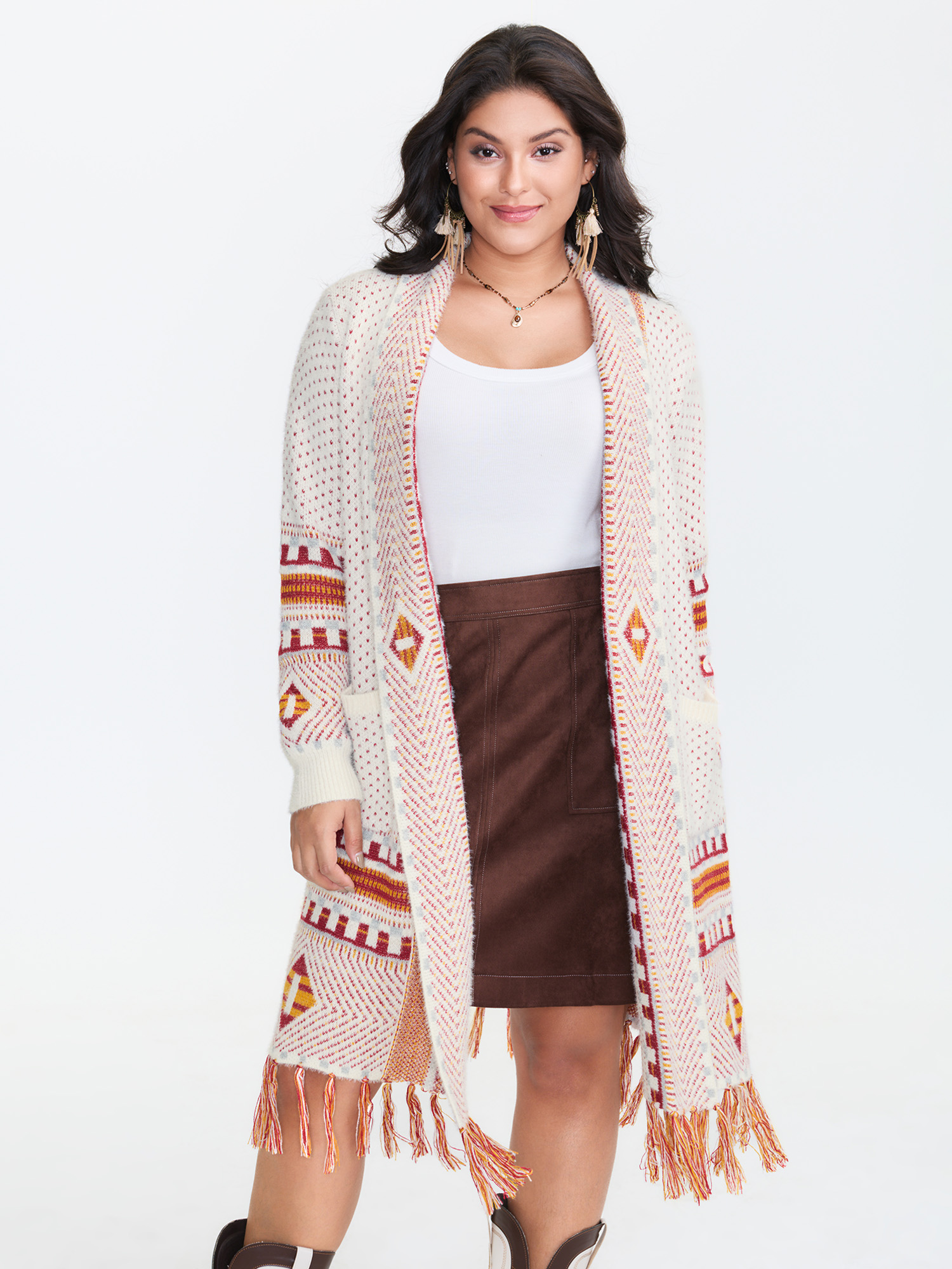 BloomChic Women's Plus Size Boho Pattern Tassels Fluffy Texture Knit Cardigan Beige Long Sleeve 10/M