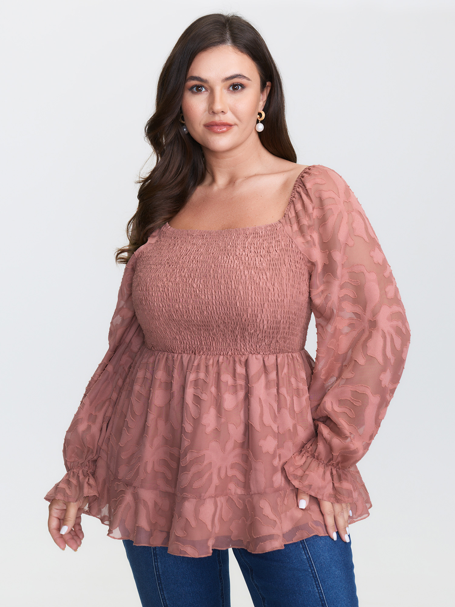 BloomChic Women's Plus Size Textured Shirred Bodice Ruffled Cuff Blouse Crepe Floral Everyday-Elegant Long Sleeve 14-16/1X