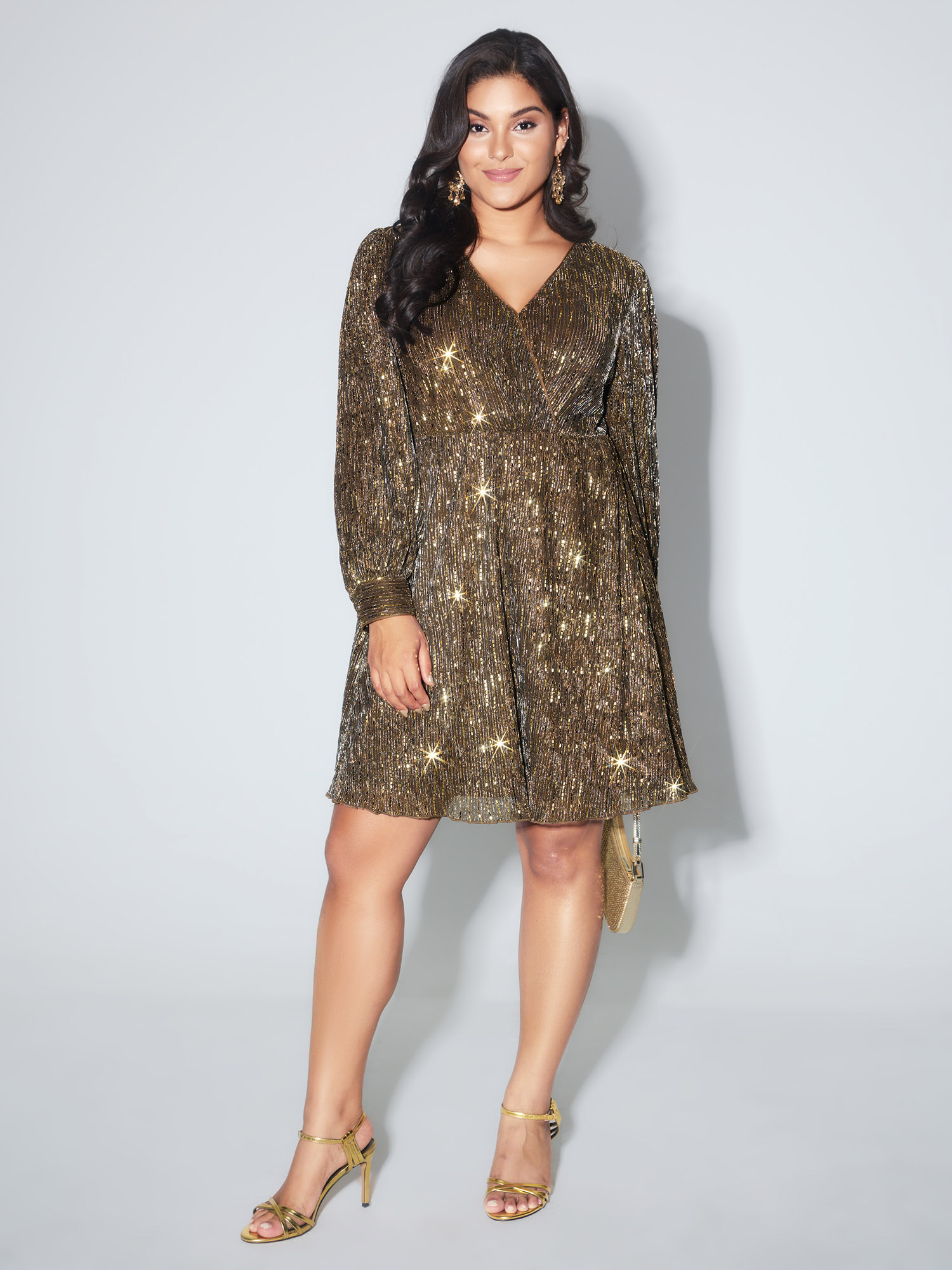 BloomChic Women's Plus Size Glitter Surplice Neck Knee Dress Yellowishbrown Stripes Short Occasion 30/6X