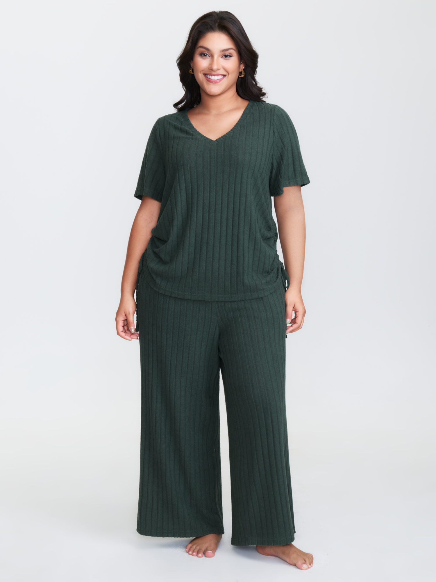 BloomChic Women's Plus Size Textured Stretchy Adjustable Tie Lounge Set DarkSlateGray Synthetic texture Short sleeve Texture 28/5X-image-47737214632106