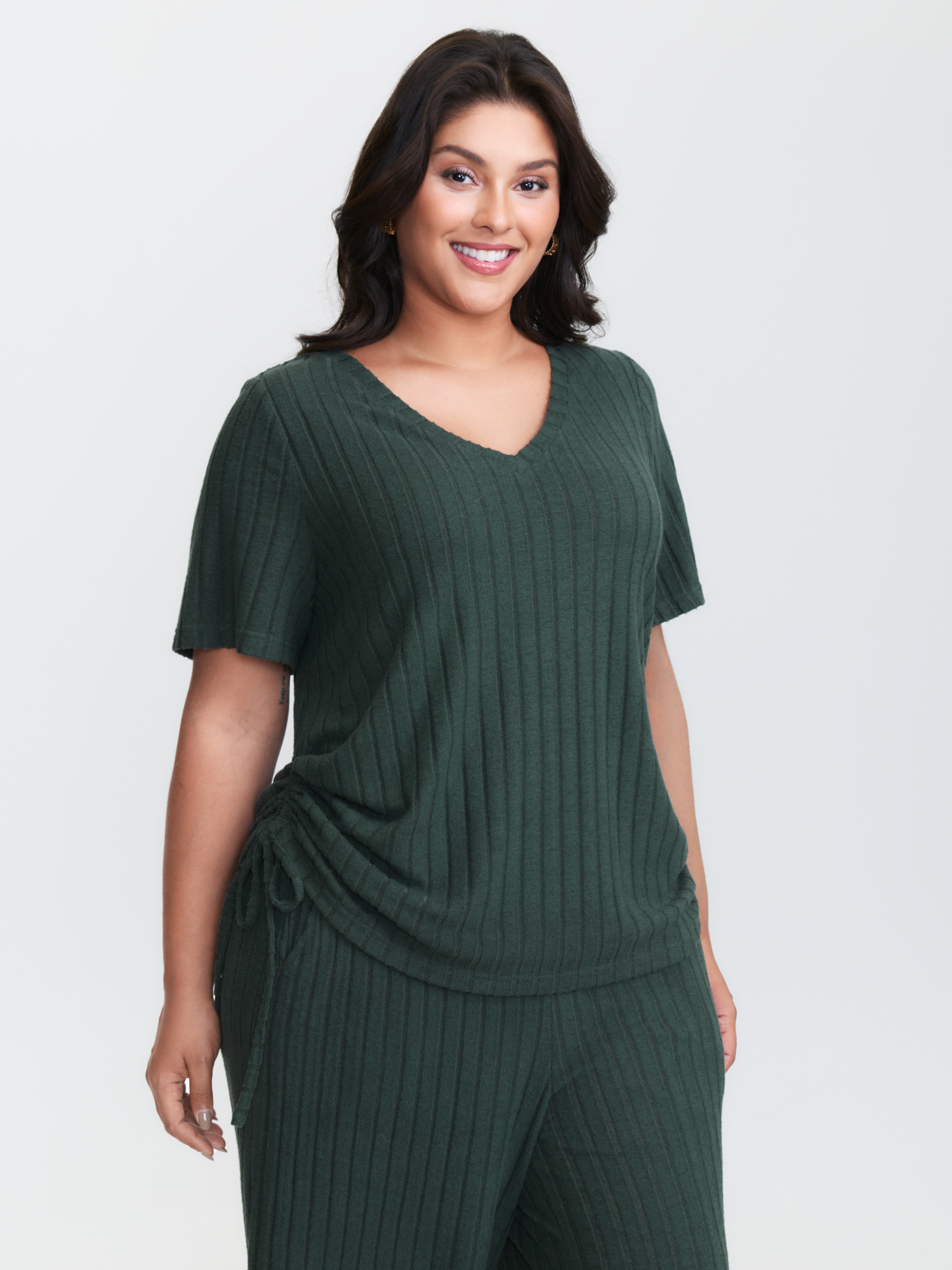 Side view of BloomChic Women's Plus Size Textured Stretchy Adjustable Tie Lounge Set DarkSlateGray Synthetic texture Short sleeve Texture 26/4X