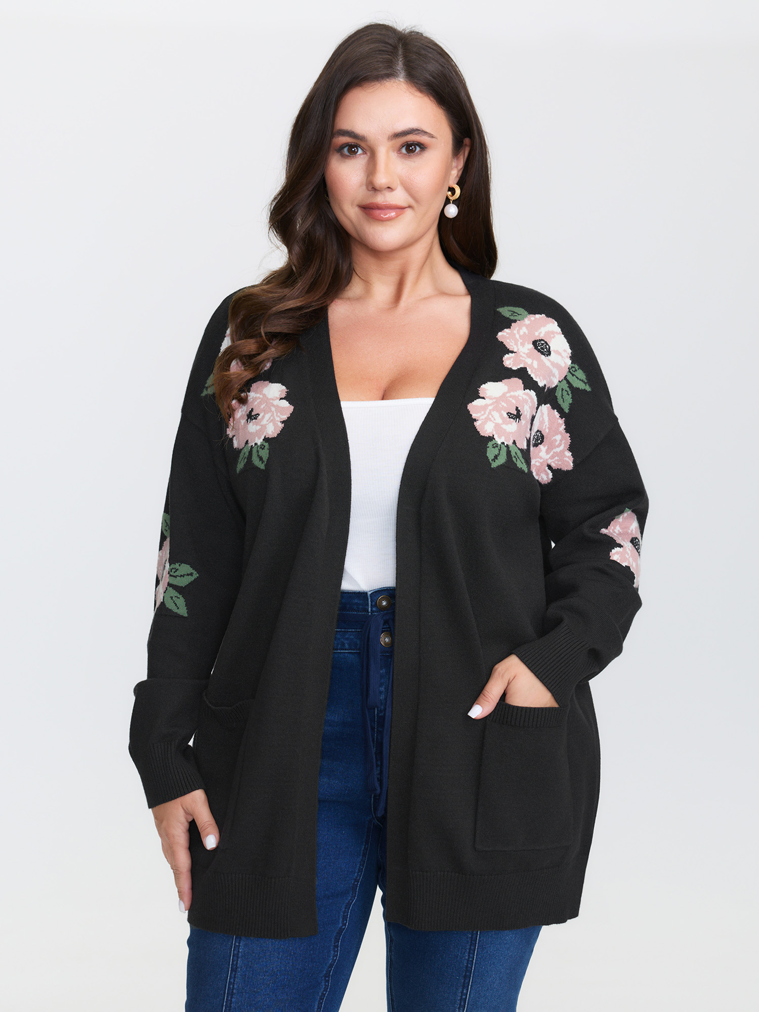 BloomChic Women's Plus Size Floral Jacquard Pattern Pockets Knit Cardigan Black Long Sleeve 10/M