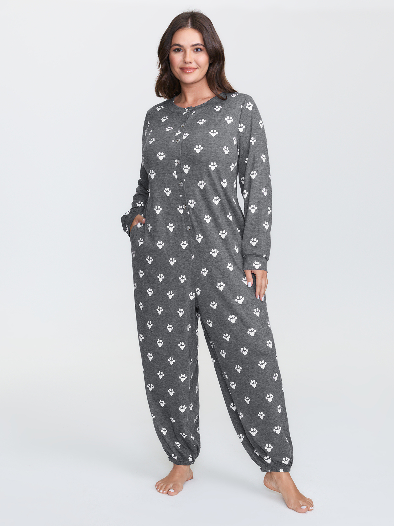 BloomChic Women's Plus Size Paw Print Button Lounge Onesie DarkGray not graphics 30/6X-image-47728646946986