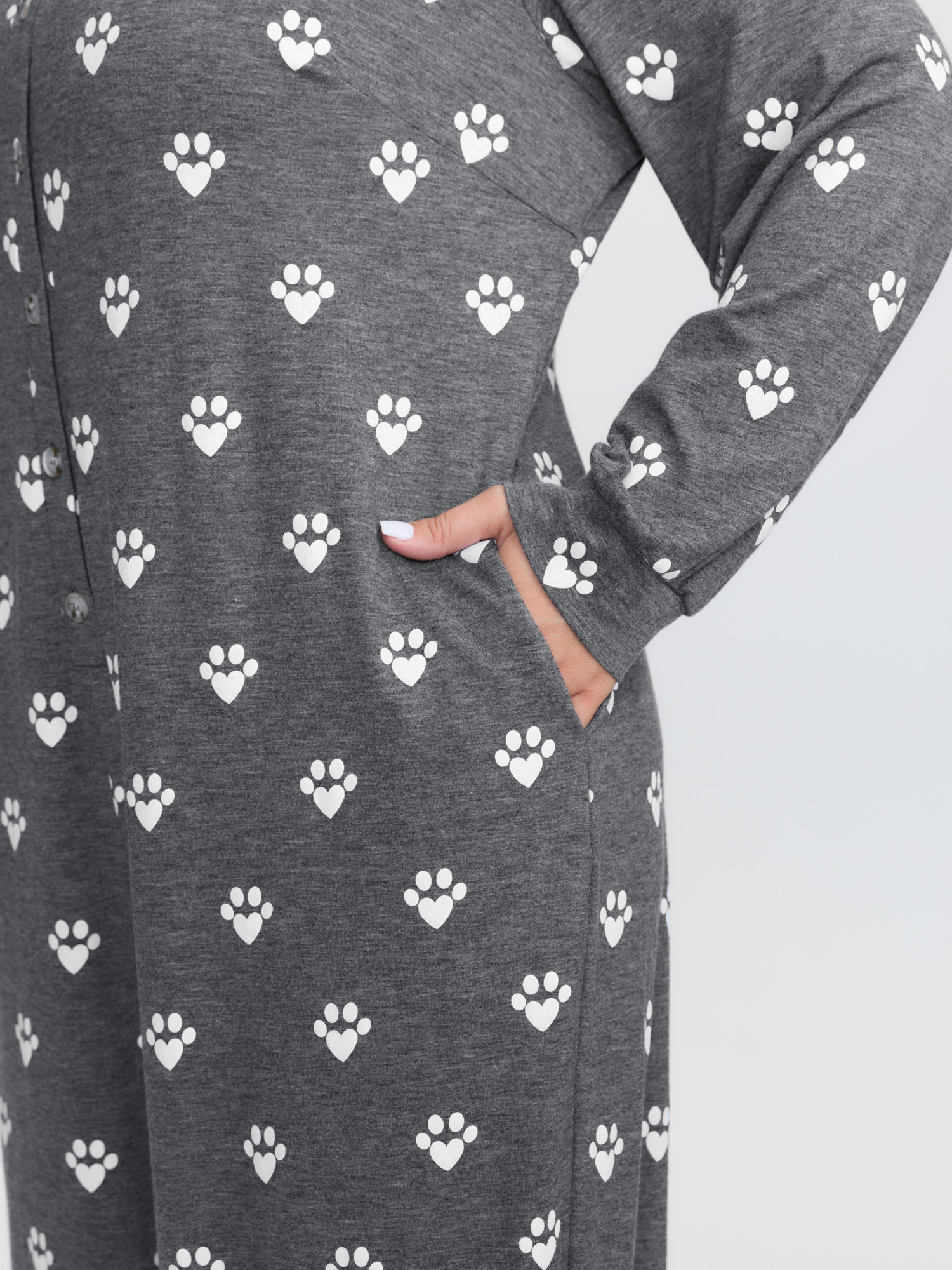 Side view of BloomChic Women's Plus Size Paw Print Button Lounge Onesie DarkGray not graphics 14-16/1X