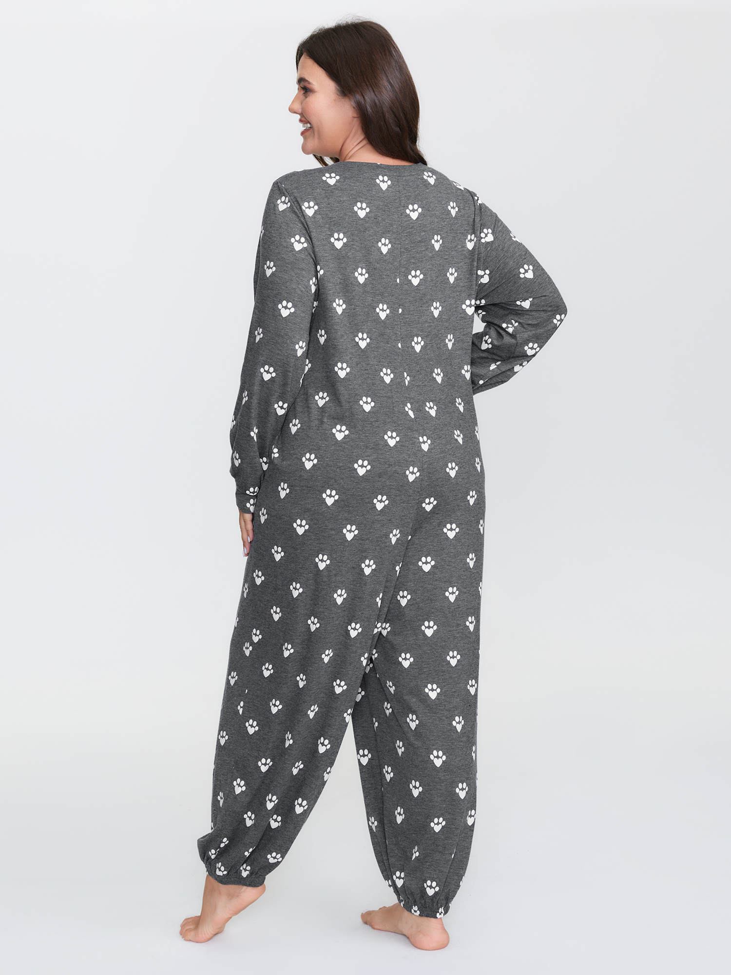 Side view of BloomChic Women's Plus Size Paw Print Button Lounge Onesie DarkGray not graphics 14-16/1X