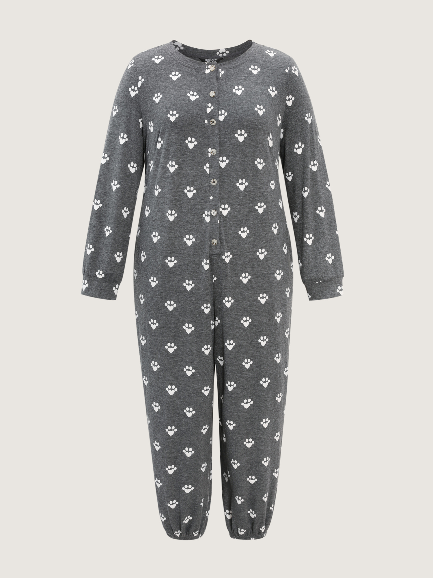Side view of BloomChic Women's Plus Size Paw Print Button Lounge Onesie DarkGray not graphics 14-16/1X