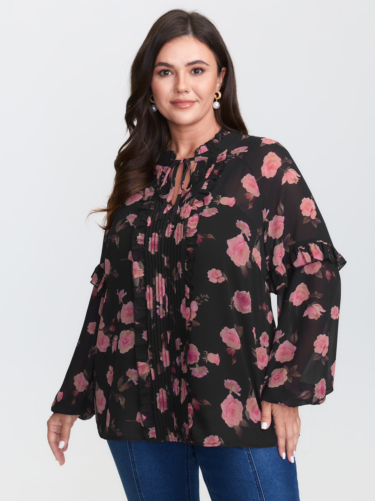 BloomChic Women's Plus Size Floral Print Sheer Ruffled Sleeve Detail Blouse BlackFlower Floral Everyday-Elegant Long Sleeve 12/L