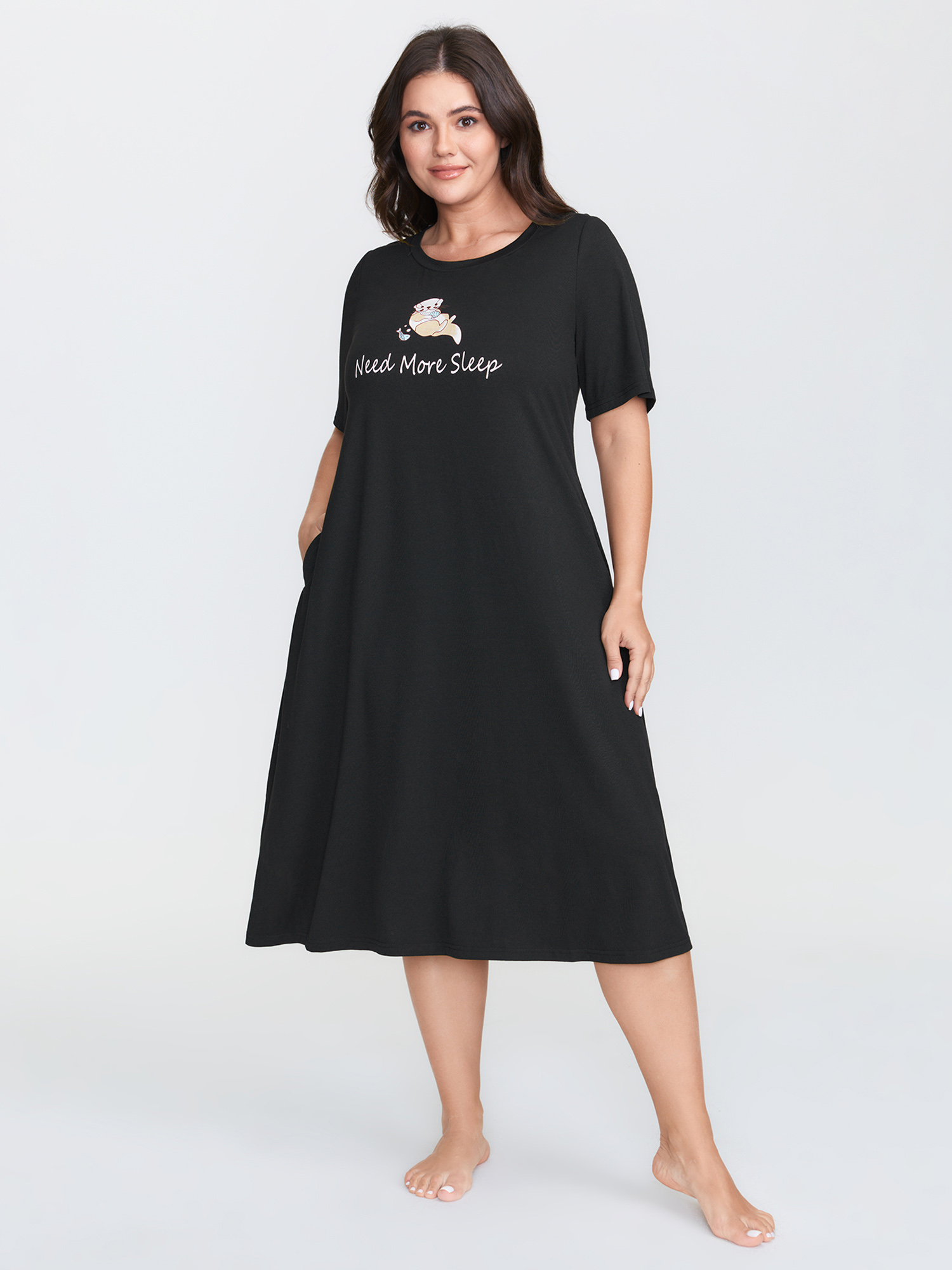 BloomChic Women's Plus Size Ultra-Comfort Stretchy Otter Print Nightgown Black Short sleeve Round Neck 30/6X-image-47728589013162