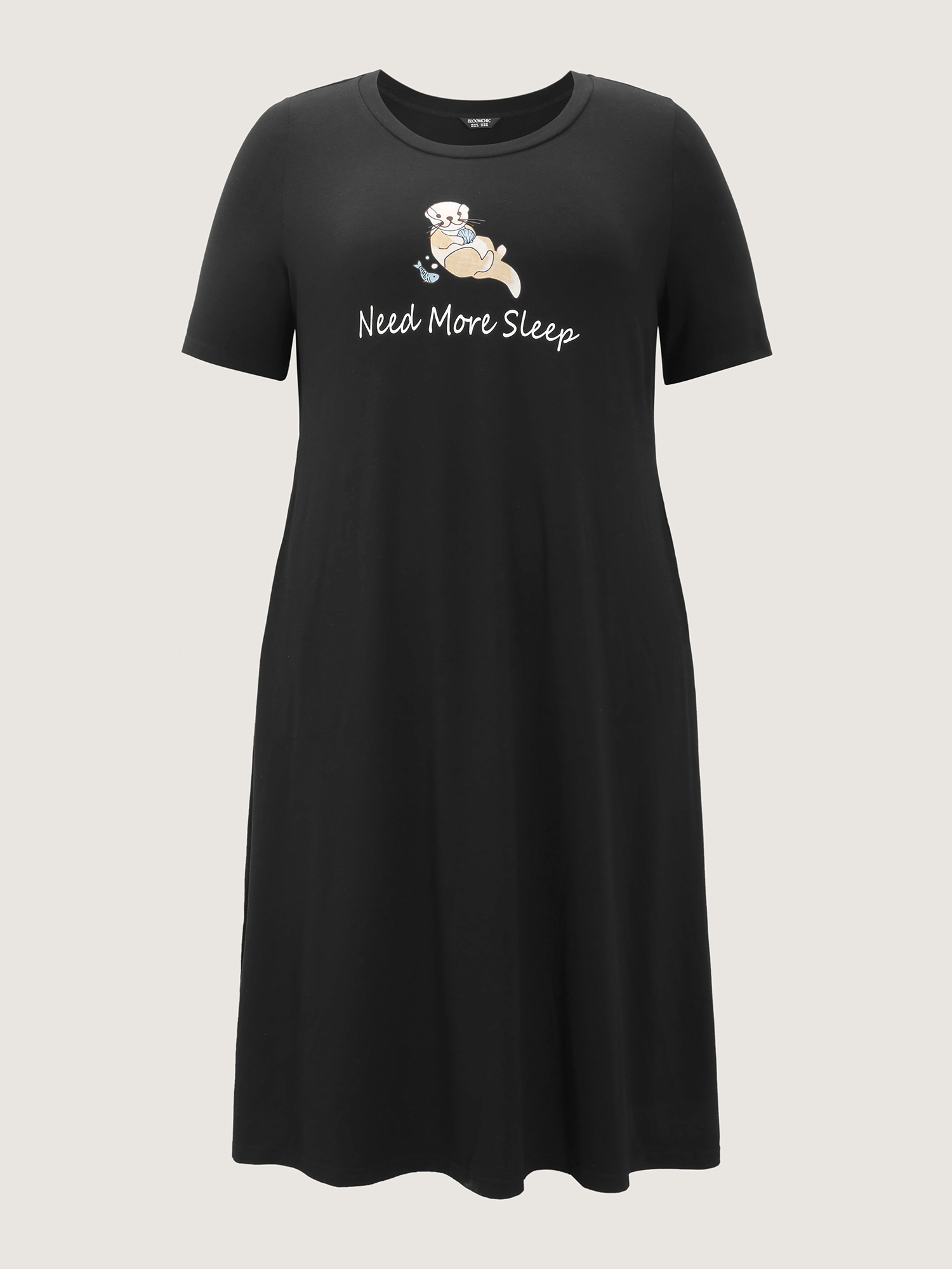 Side view of BloomChic Women's Plus Size Ultra-Comfort Stretchy Otter Print Nightgown Black Short sleeve Round Neck 10/M