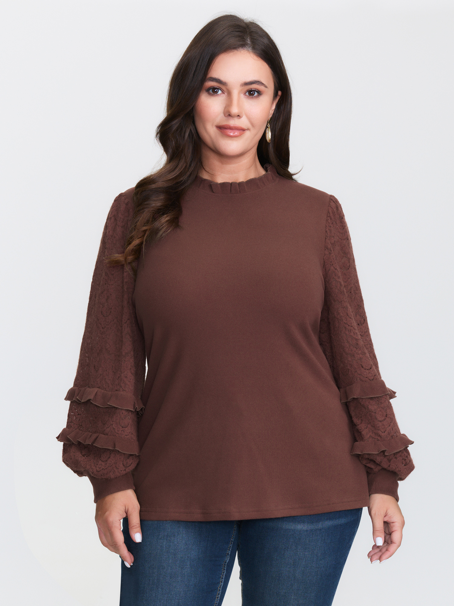 BloomChic Women's Plus Size Cozy Ruffled Edge Tiered Sleeve Knit Top Yellowishbrown Long Sleeve Everyday-Elegant Round Neck 10/M