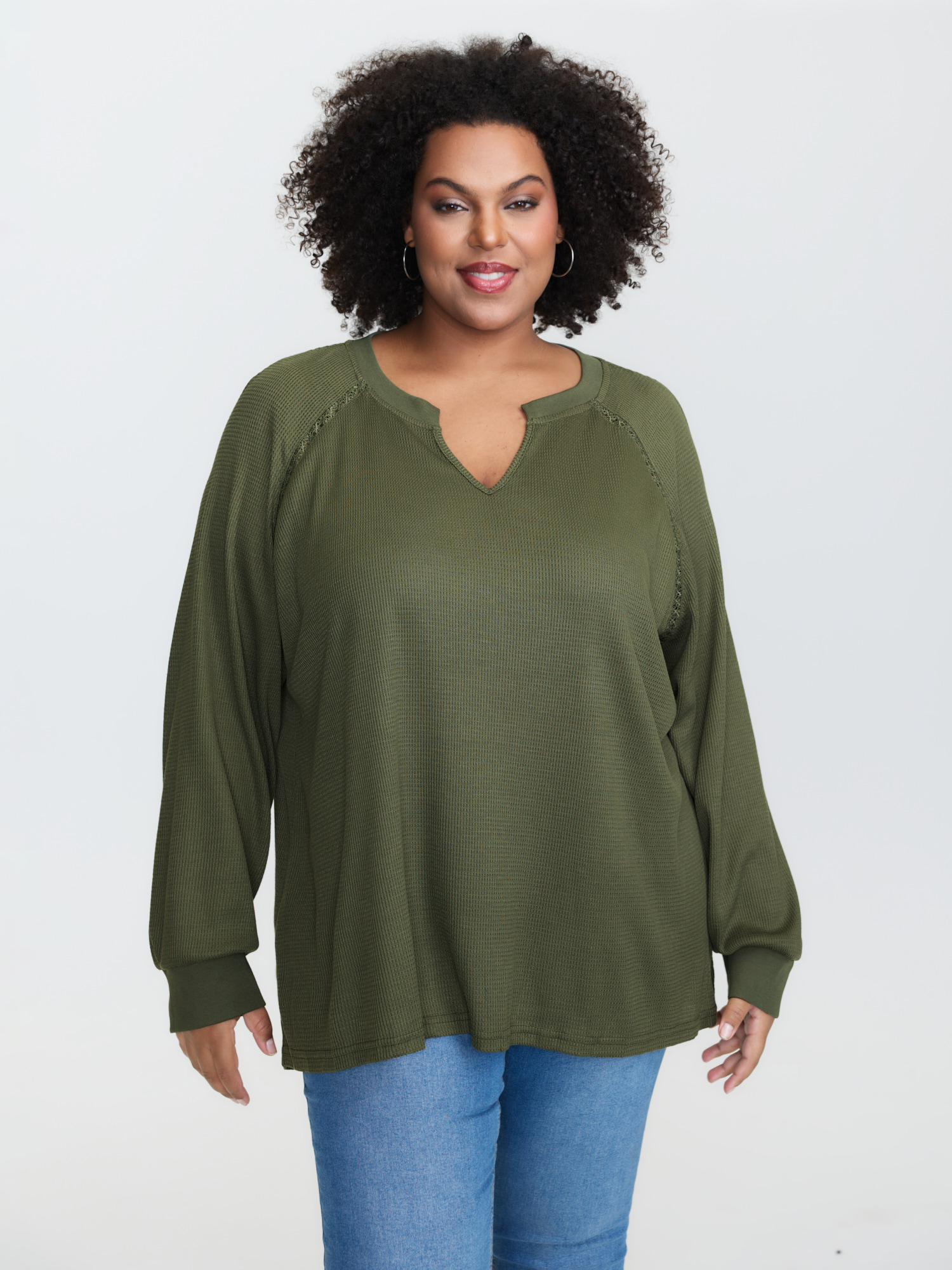 BloomChic Women's Plus Size Waffle Grid Notched Collar Lace Sweatshirt Capulet Olive not graphics Everyday-Casual V-Notch Neck 22-24/3X