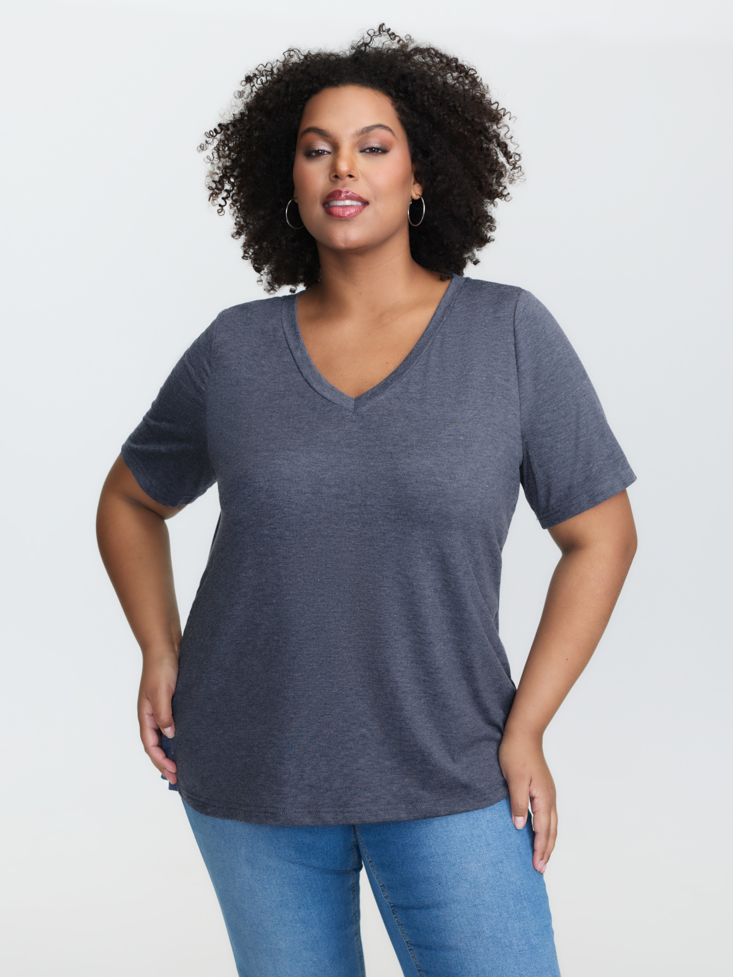 Bloomchic Women's Plus Size Stretchy Plain V-neck T-shirt Indigo Non Casual Short Sleeve 10/m In Purple