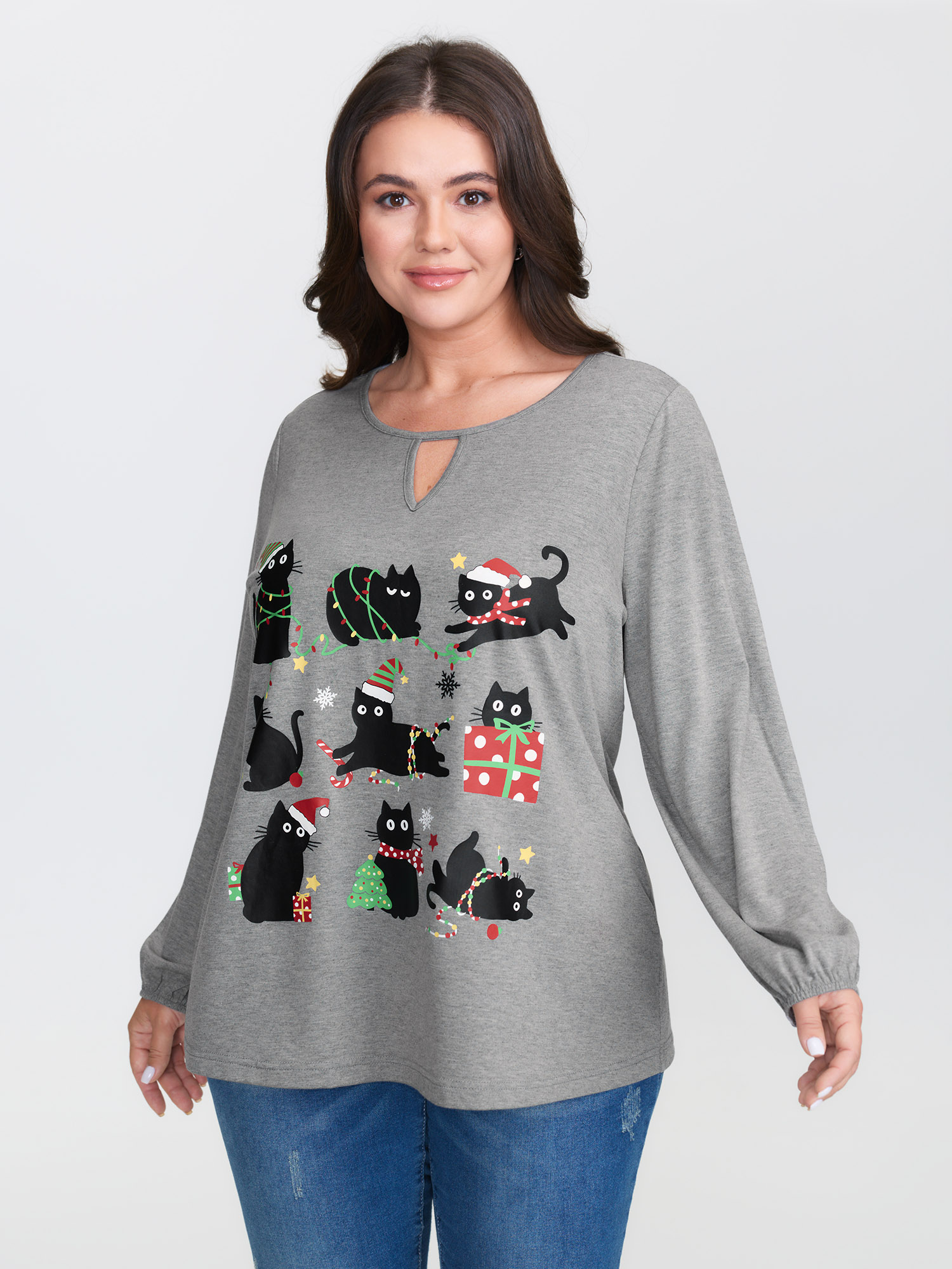 BloomChic Women's Plus Size Holiday Cat Snowflake Effect T-Shirt LightGray Christmas Everyday-Casual Long Sleeve Round Neck 10/M