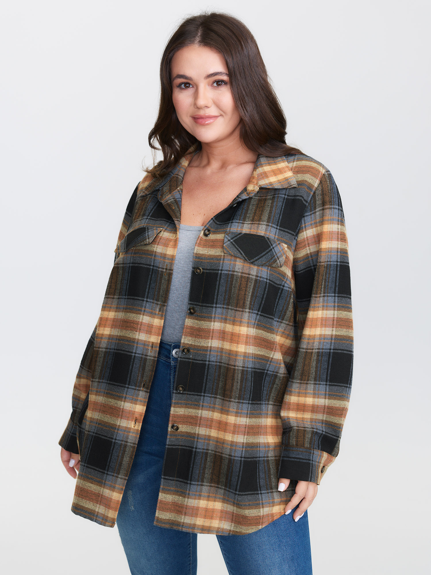 BloomChic Plus Size Plaid Print Button Down Shirt - Women's Black Plaid Collared Neck Comfort Sleeve Fit Long Sleeve Americana Daily Shirts 26-28/3X