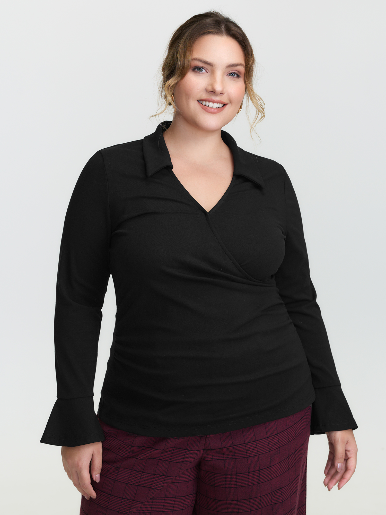 BloomChic Women's Plus Size Overlap Collar Flared Sleeve Plain Knit Top Black Long Sleeve Everyday-Elegant 10/M