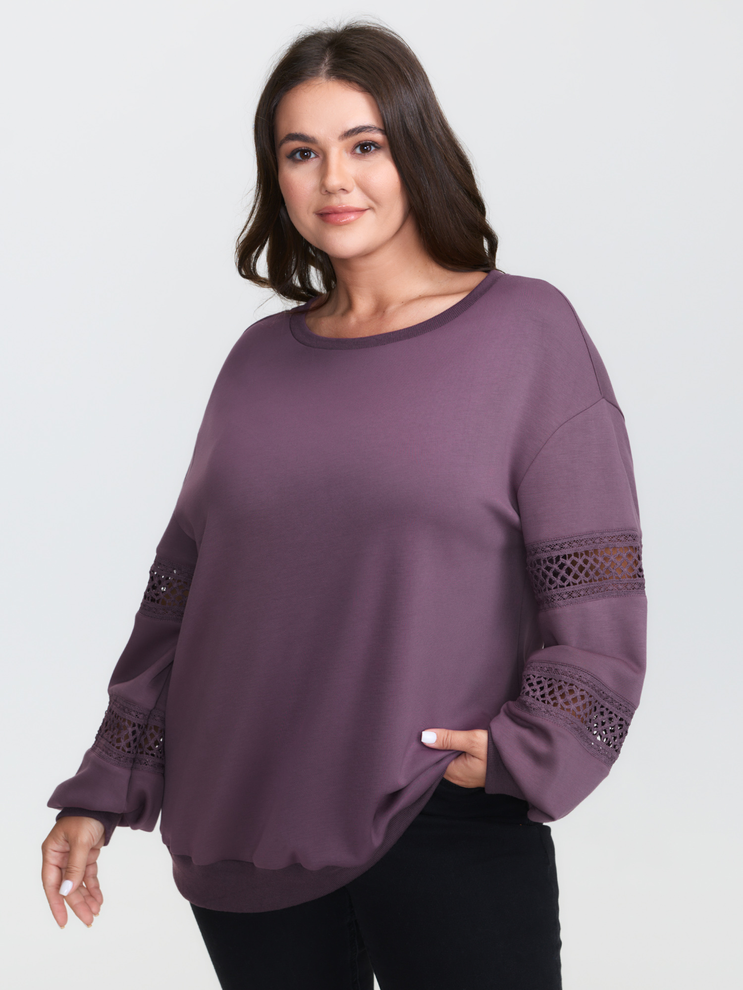 BloomChic Women's Plus Size Supersoft Lace Cut-Out Sleeve Sweatshirt Mauve Everyday-Casual 10/M