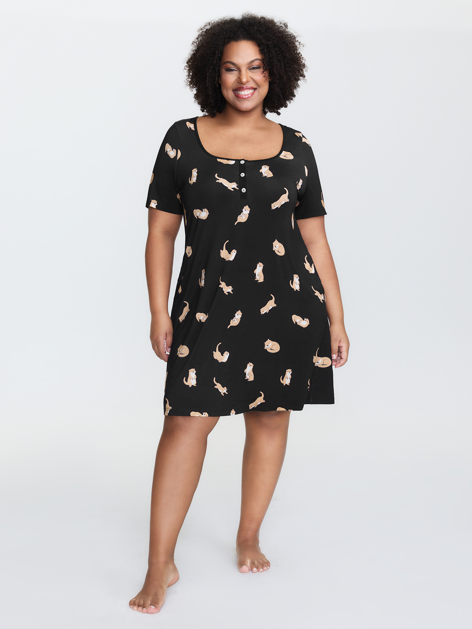 Side view of BloomChic Women's Plus Size Otter Print Stretchy Button Detail Nightgown Black Short sleeve Short 30/6X