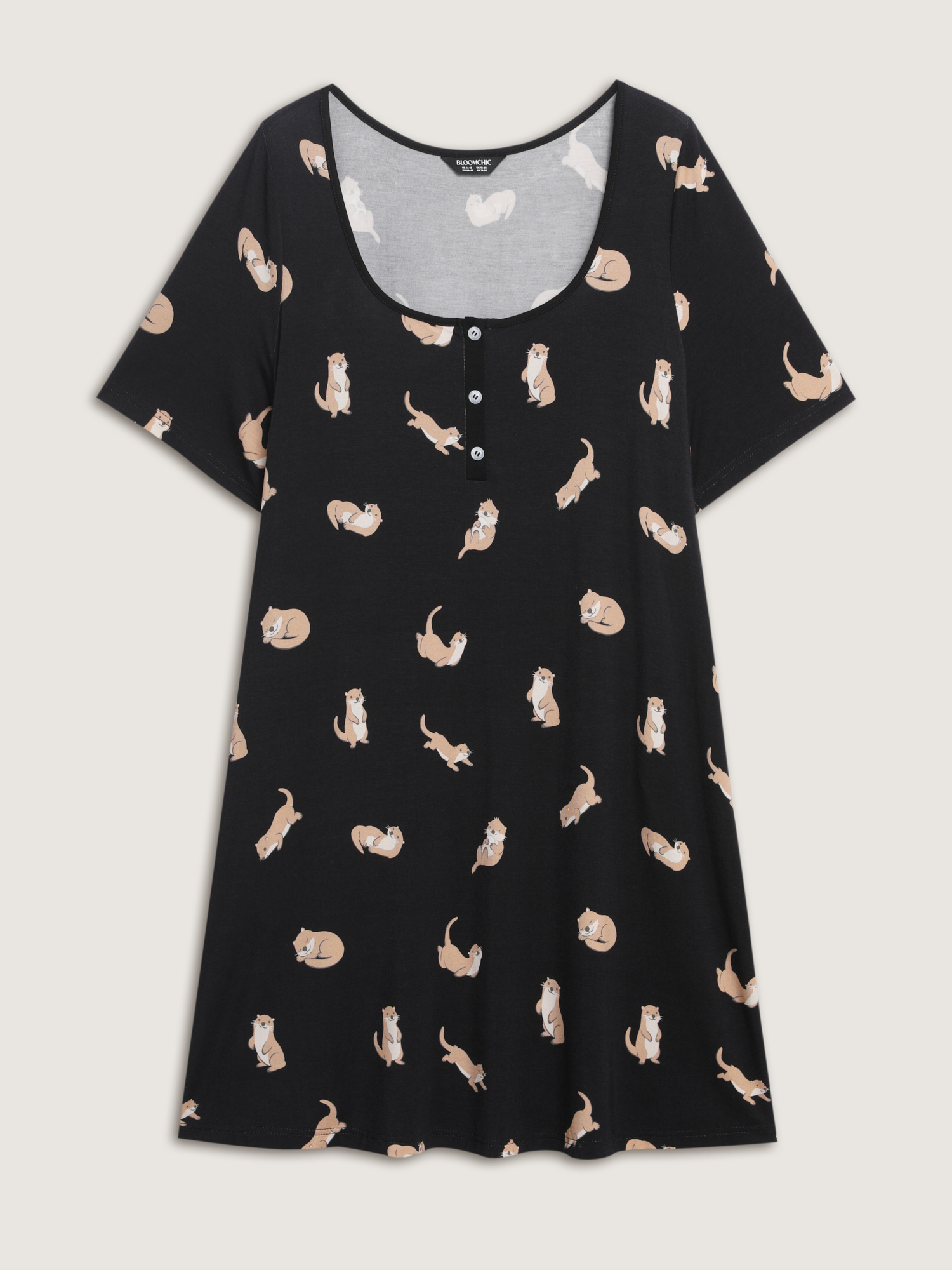 Side view of BloomChic Women's Plus Size Otter Print Stretchy Button Detail Nightgown Black Short sleeve Short 30/6X