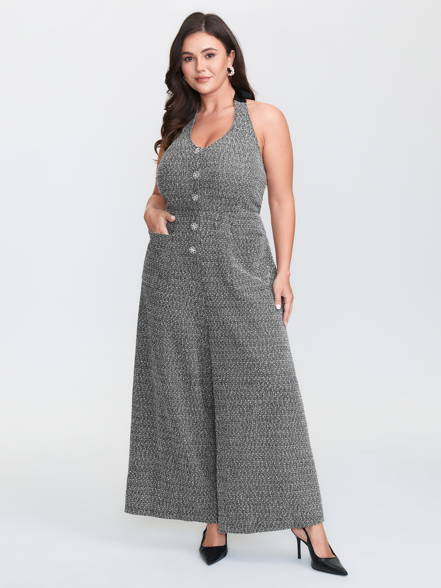 BloomChic Women's Plus Size Tweed Backless Halter Neck Stretchy Waist Jumpsuit Black Everyday-Elegant Fitted 10/M
