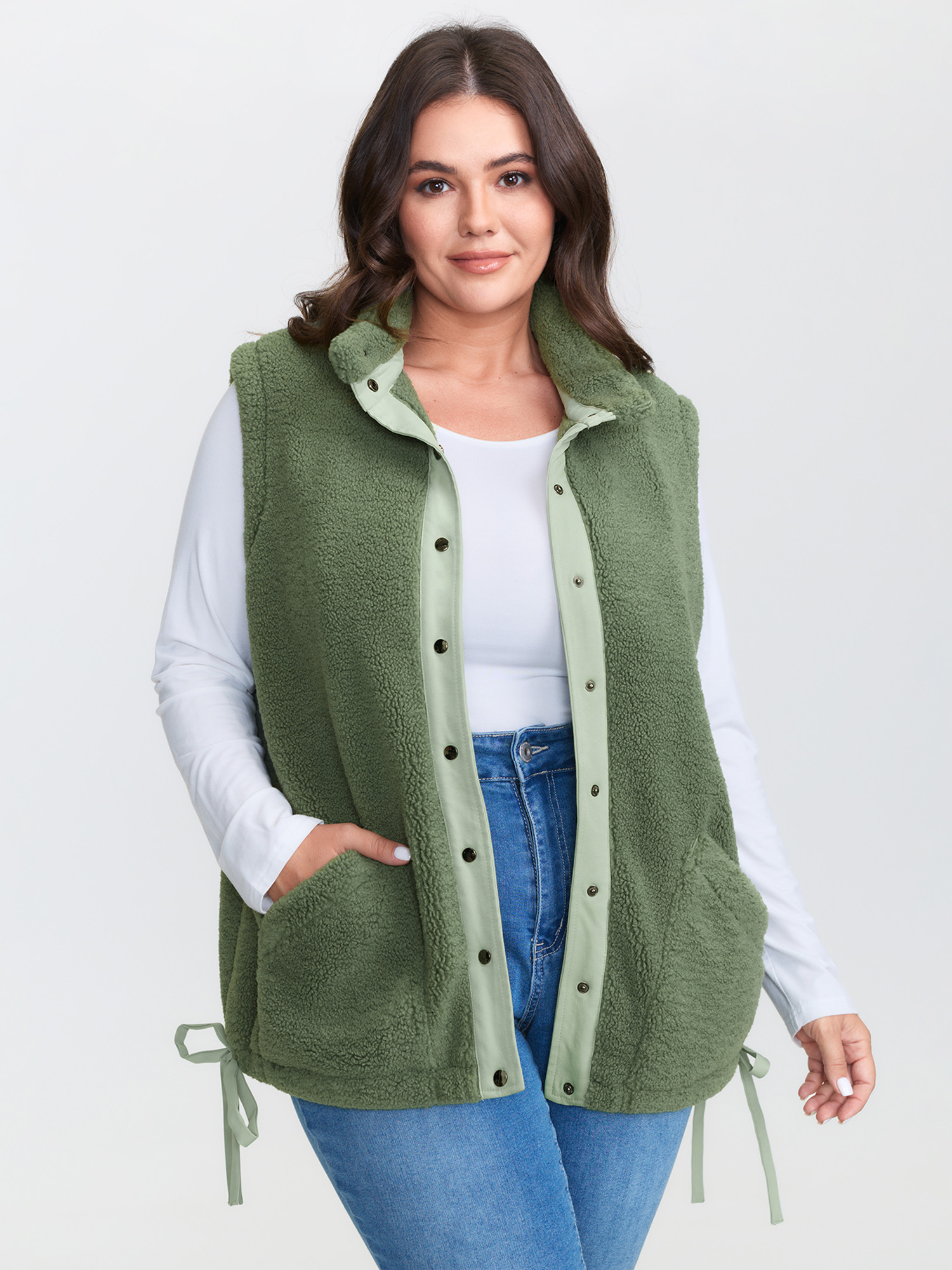 BloomChic Women's Plus Size Warm & Cozy Textured Pockets Vest Sage Bowknot 28/5X-image-47737212960938