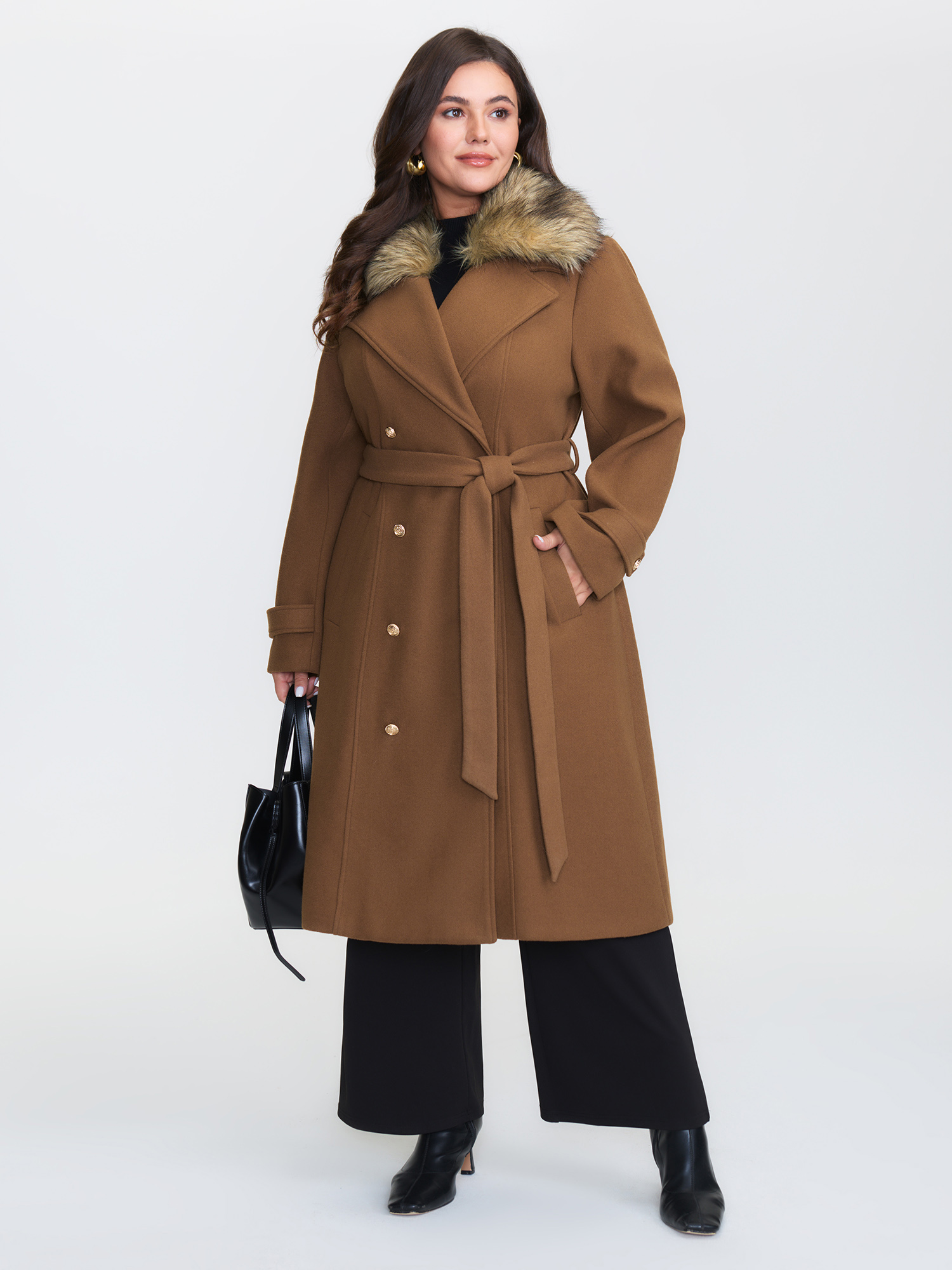 BloomChic Women's Plus Size Detachable Fur Belted Cinched-Waist Coat Yellowishbrown Wrap / Overlap Fit & Flare 10/M