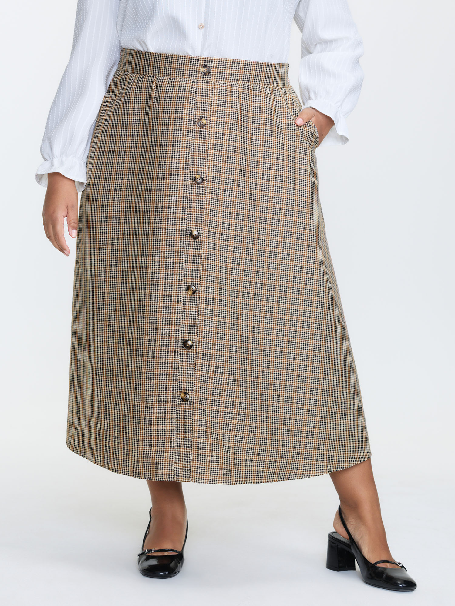 BloomChic Women's Plus Size Retro Check Pattern Button Decor Midi Skirt Yellowishbrown A-line Everyday-Elegant 10/M