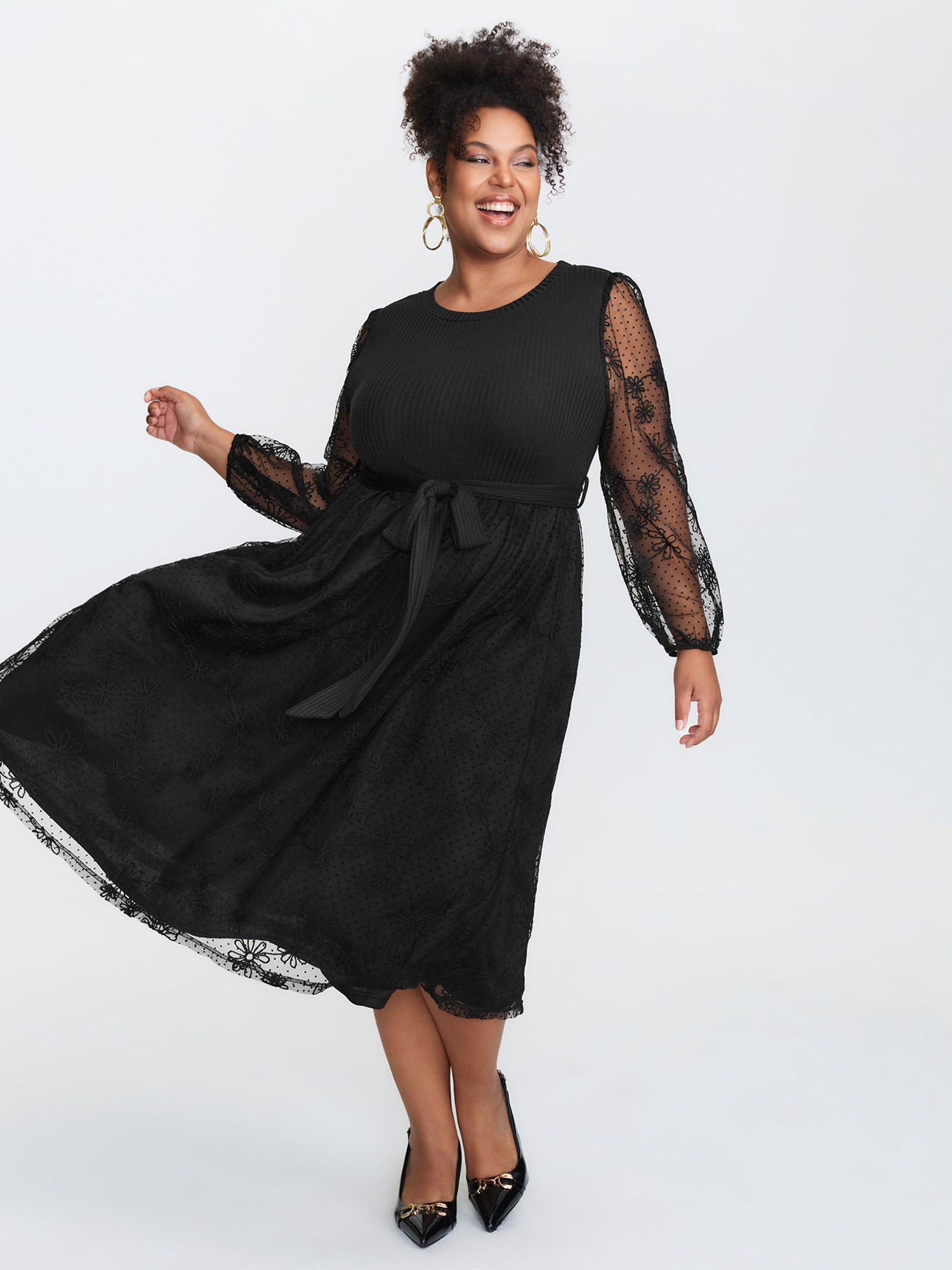 BloomChic Women's Plus Size Sheer Floral Sleeve Belted Waist Midi Dress Black Non Maxi Everyday-Elegant Mesh Panel 22-24/3X