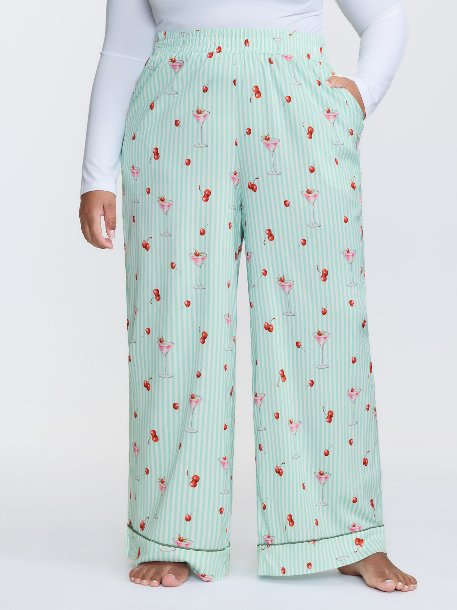 BloomChic Women's Plus Size Cherry Print Elastic Waist Pockets Pajama Bottoms Multicolor Fruit Smocked Relaxed Fit 28/5X-image-47745833664682