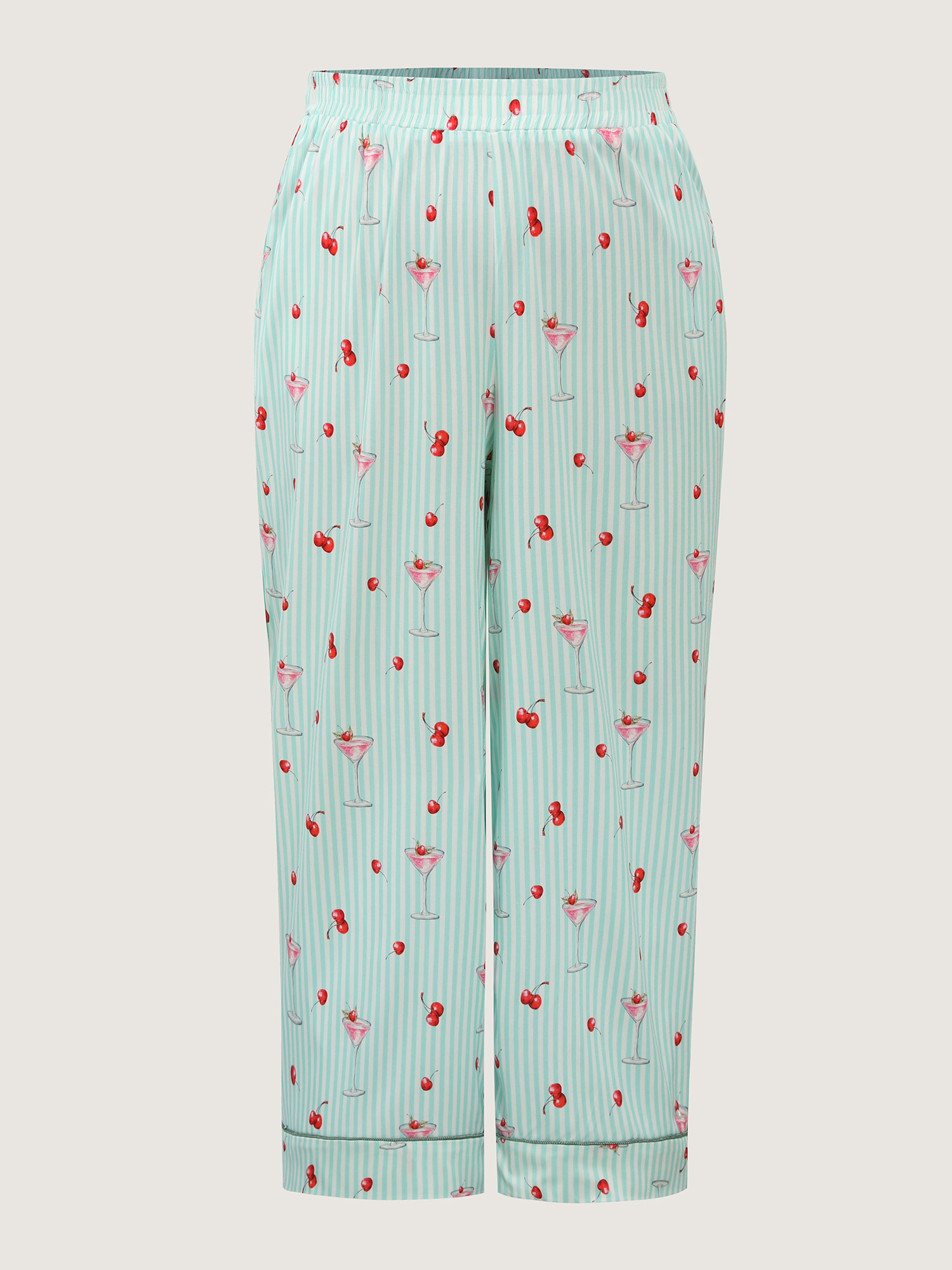 Side view of BloomChic Women's Plus Size Cherry Print Elastic Waist Pockets Pajama Bottoms Multicolor Fruit Smocked Relaxed Fit 26/4X
