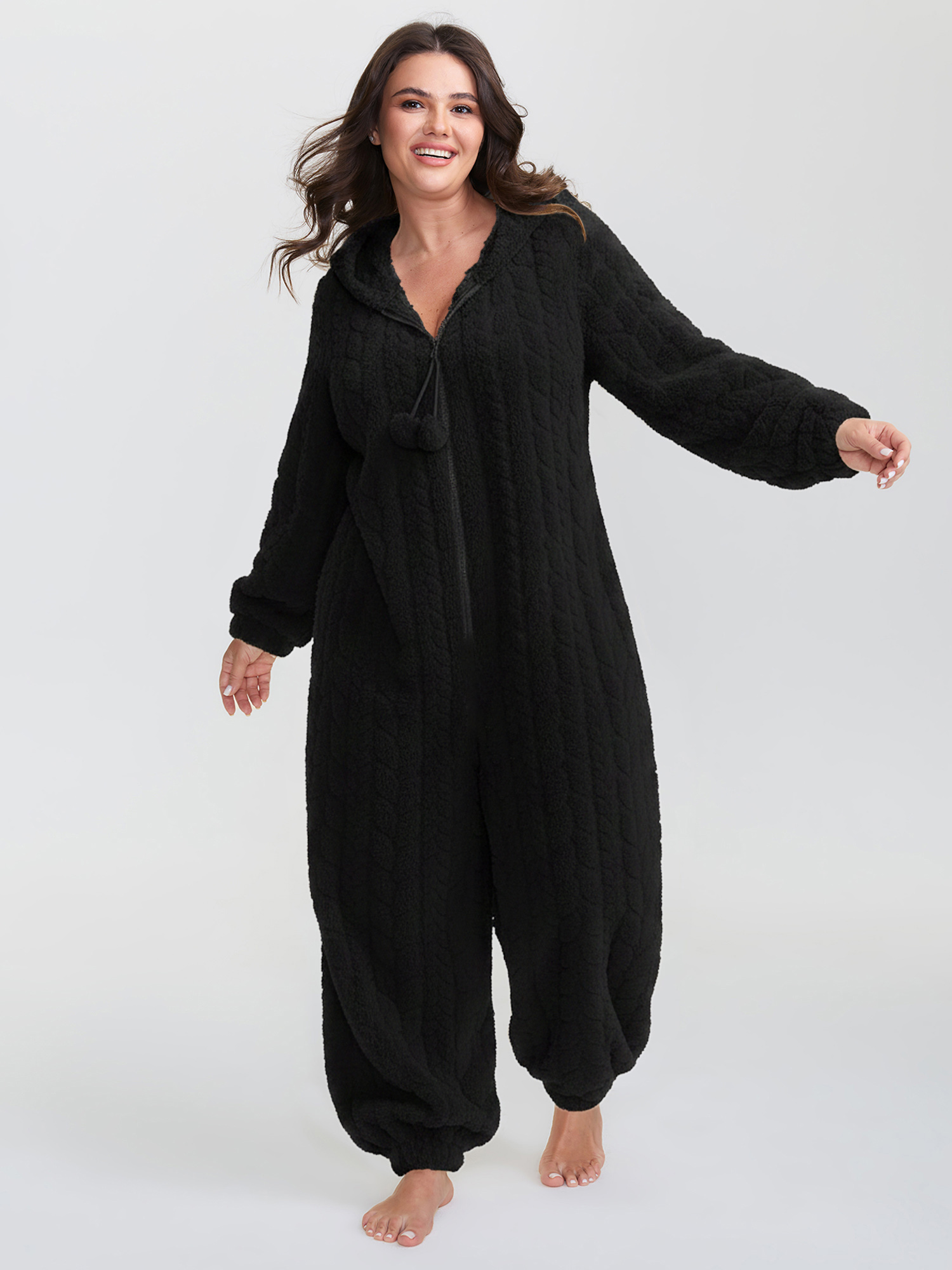 BloomChic Women's Plus Size Cozy Fleece Half Zipper Lounge Jumpsuit Black not graphics 10/M-image-48467068485802