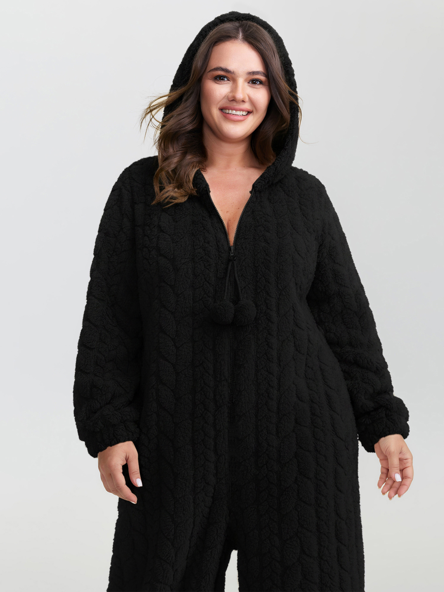 Side view of BloomChic Women's Plus Size Cozy Fleece Half Zipper Lounge Jumpsuit Black not graphics 26/4X