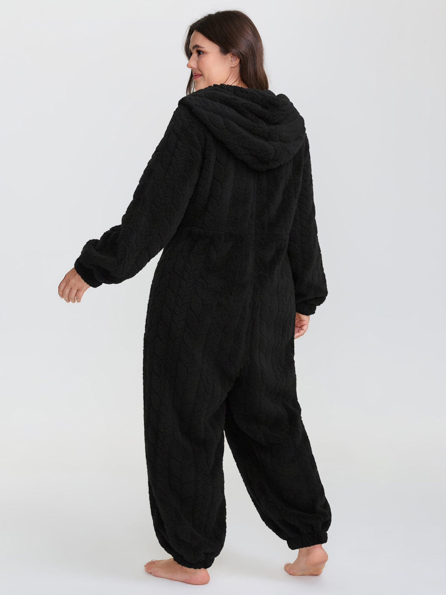 Side view of BloomChic Women's Plus Size Cozy Fleece Half Zipper Lounge Jumpsuit Black not graphics 26/4X