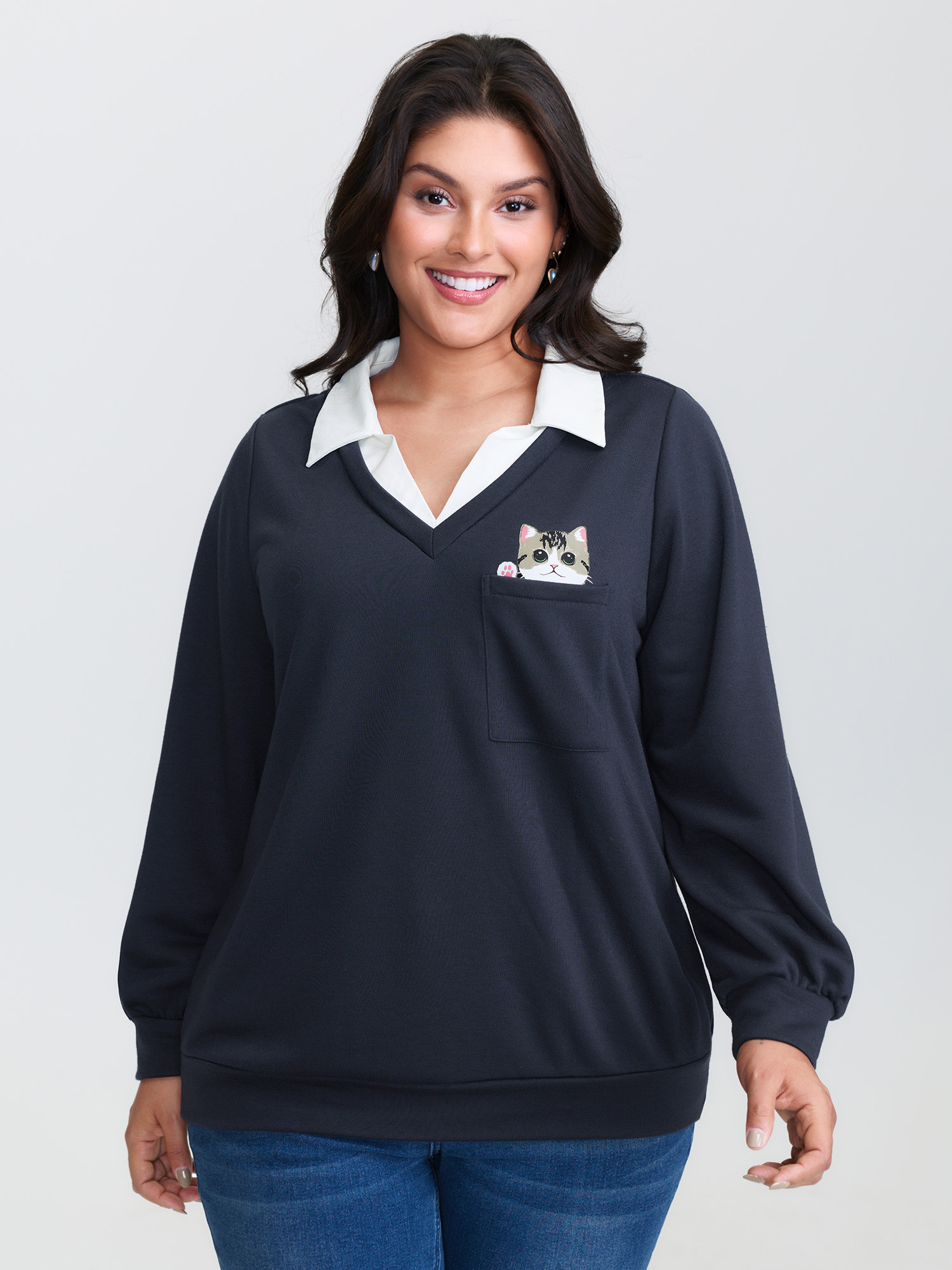 Side view of BloomChic Women's Plus Size Hello Cat Stretchy Layered Twofer Sweatshirt DarkBlue Casual 30/6X