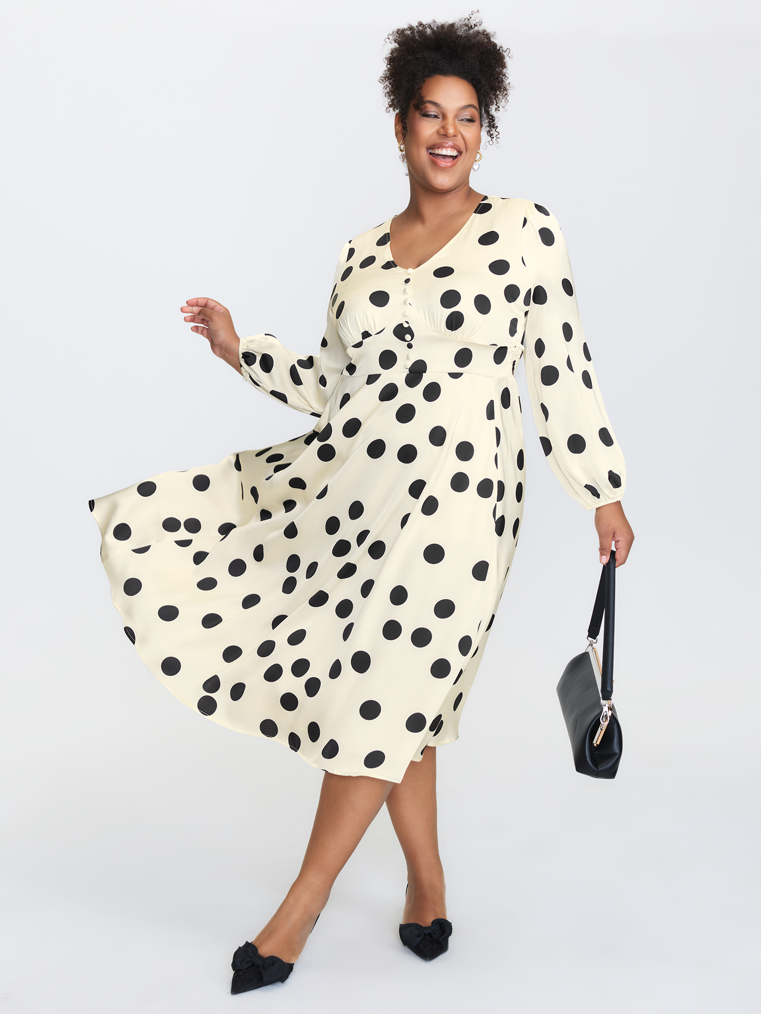 BloomChic Women's Plus Size Retro Polka Dots Triangular Waist-Cinched Midi Dress Apricot Polka dots Midi Everyday-Elegant Ruched 10/M