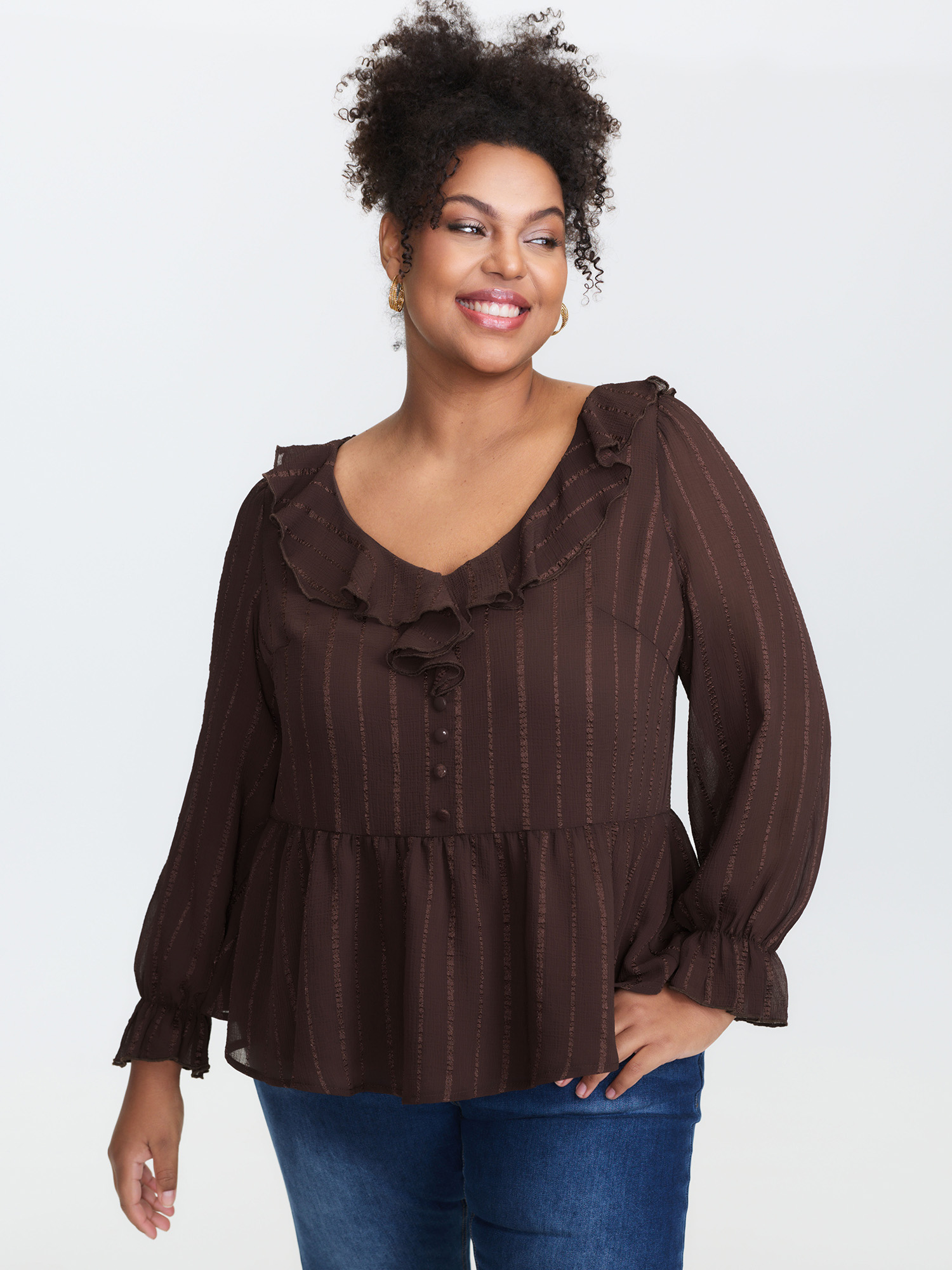 BloomChic Women's Plus Size Textured Chiffon Ruffled Neckline Blouse Browncoffeecolor Stripes Everyday-Elegant Extra Long Sleeve 18-20/2X