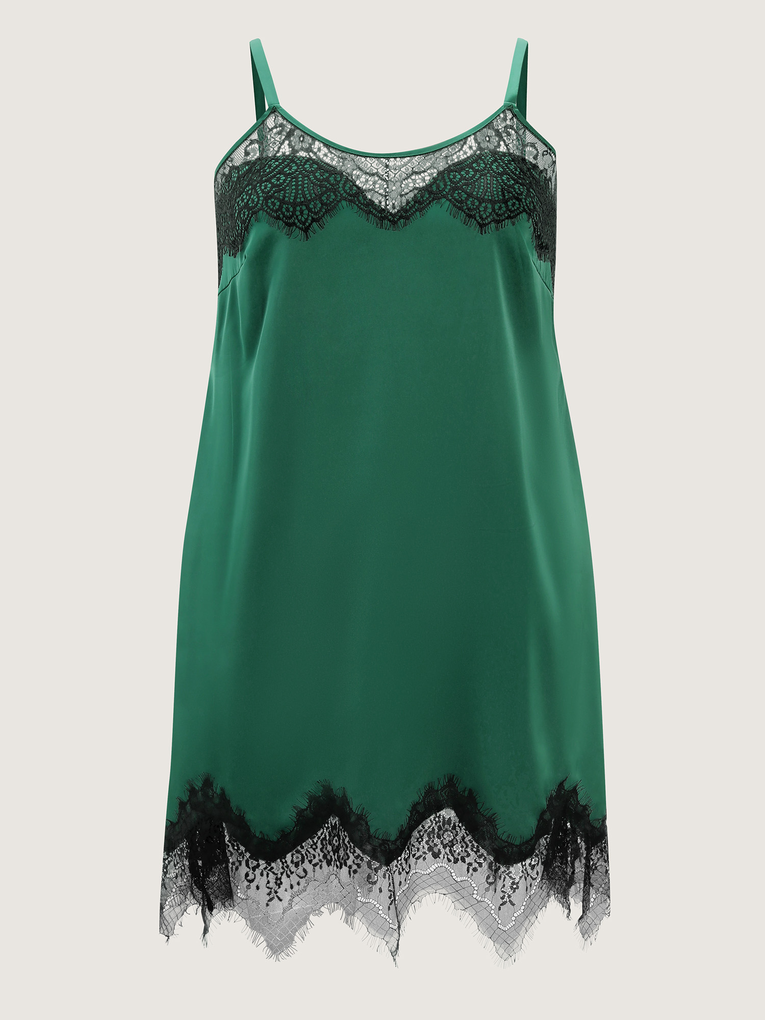 Side view of BloomChic Women's Plus Size Satin Sheer Lace Neckline Adjustable Nightgown Cyan Sleeveless Mini U-Neck 30/6X