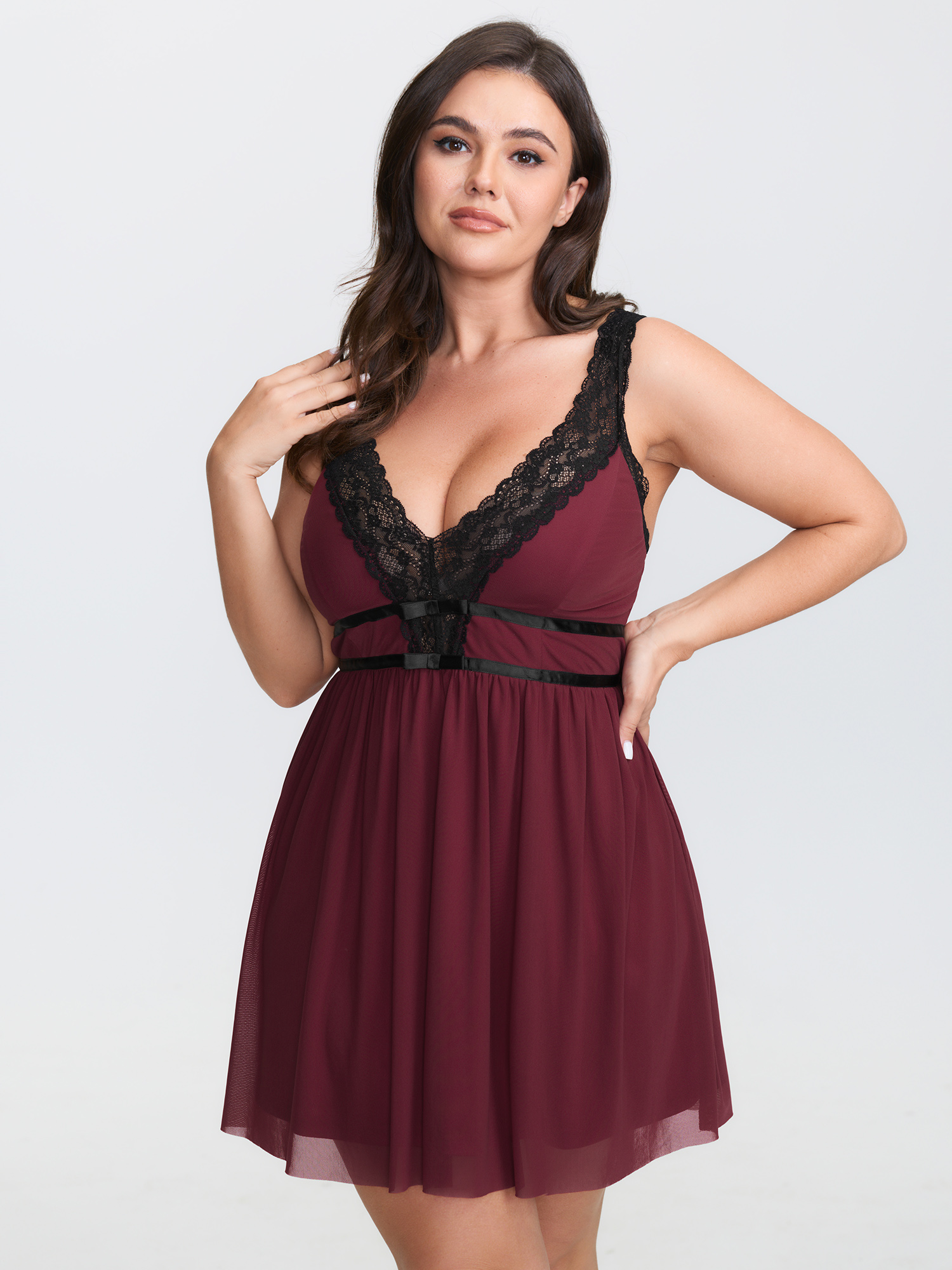 BloomChic Women's Plus Size Deep Lace Neckline Cinched Nightgown Burgundy Sleeveless Tunic 30/6X-image-47745836318890