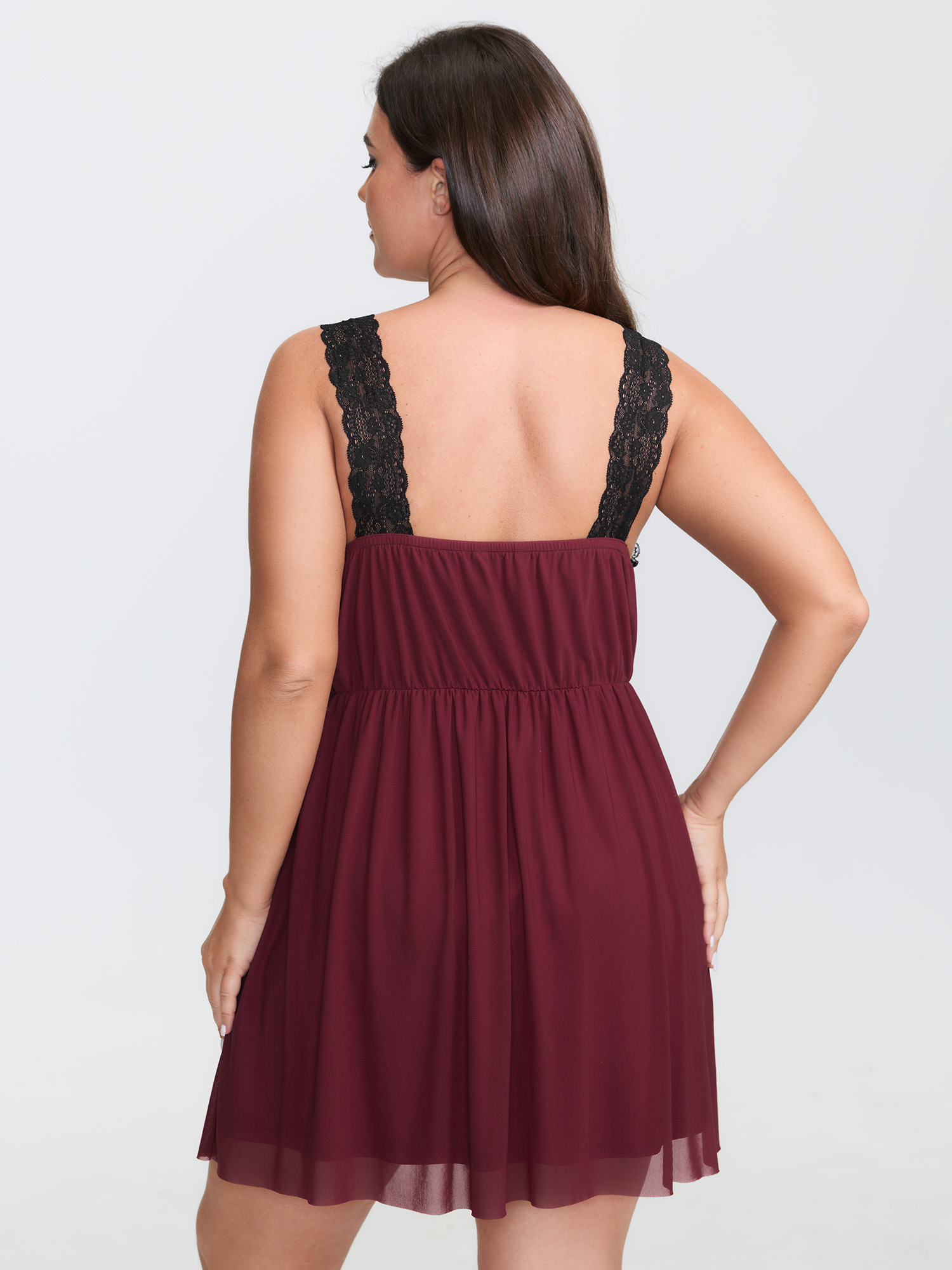 Side view of BloomChic Women's Plus Size Deep Lace Neckline Cinched Nightgown Burgundy Sleeveless Tunic 30/6X