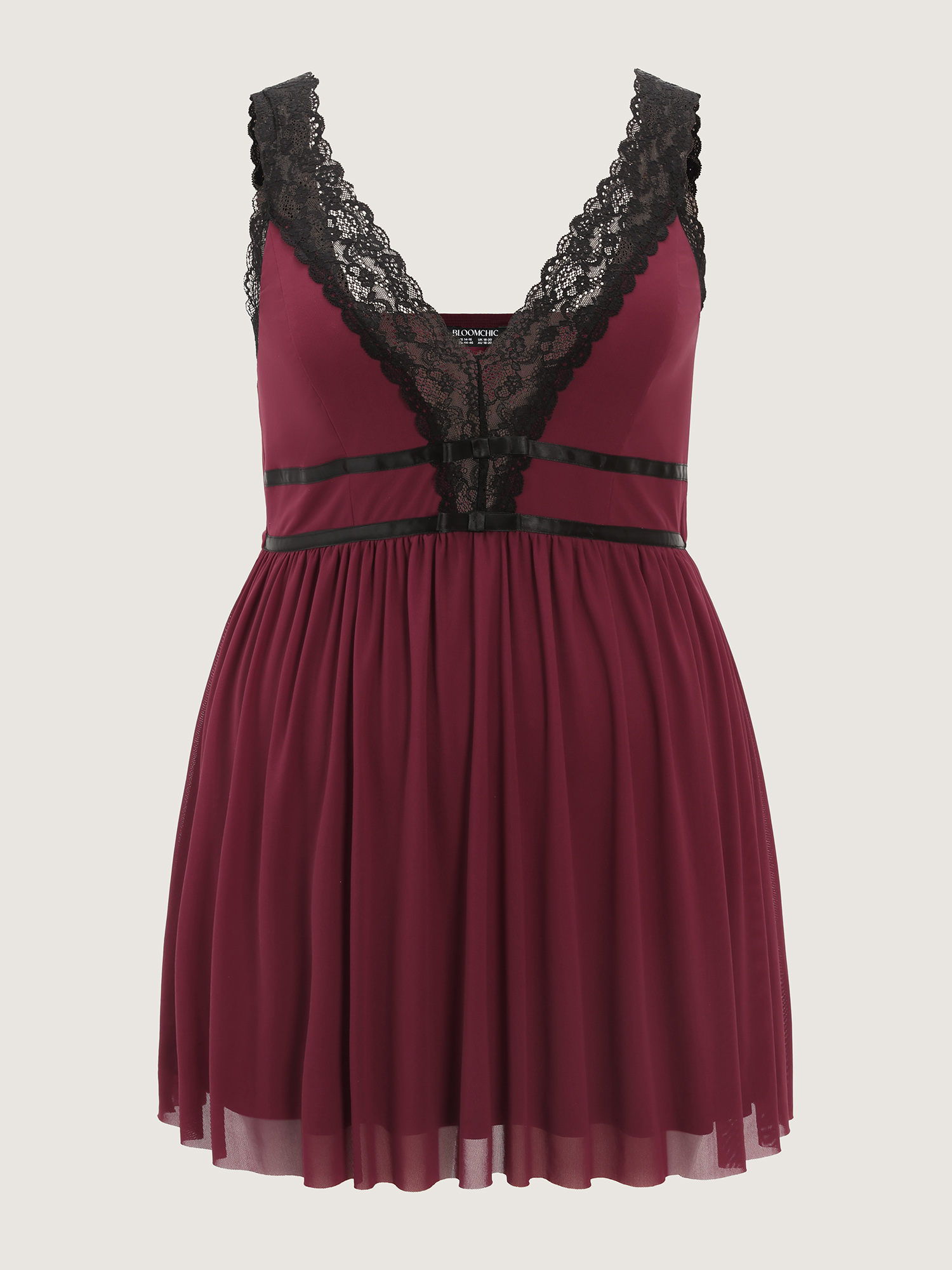 Side view of BloomChic Women's Plus Size Deep Lace Neckline Cinched Nightgown Burgundy Sleeveless Tunic 30/6X