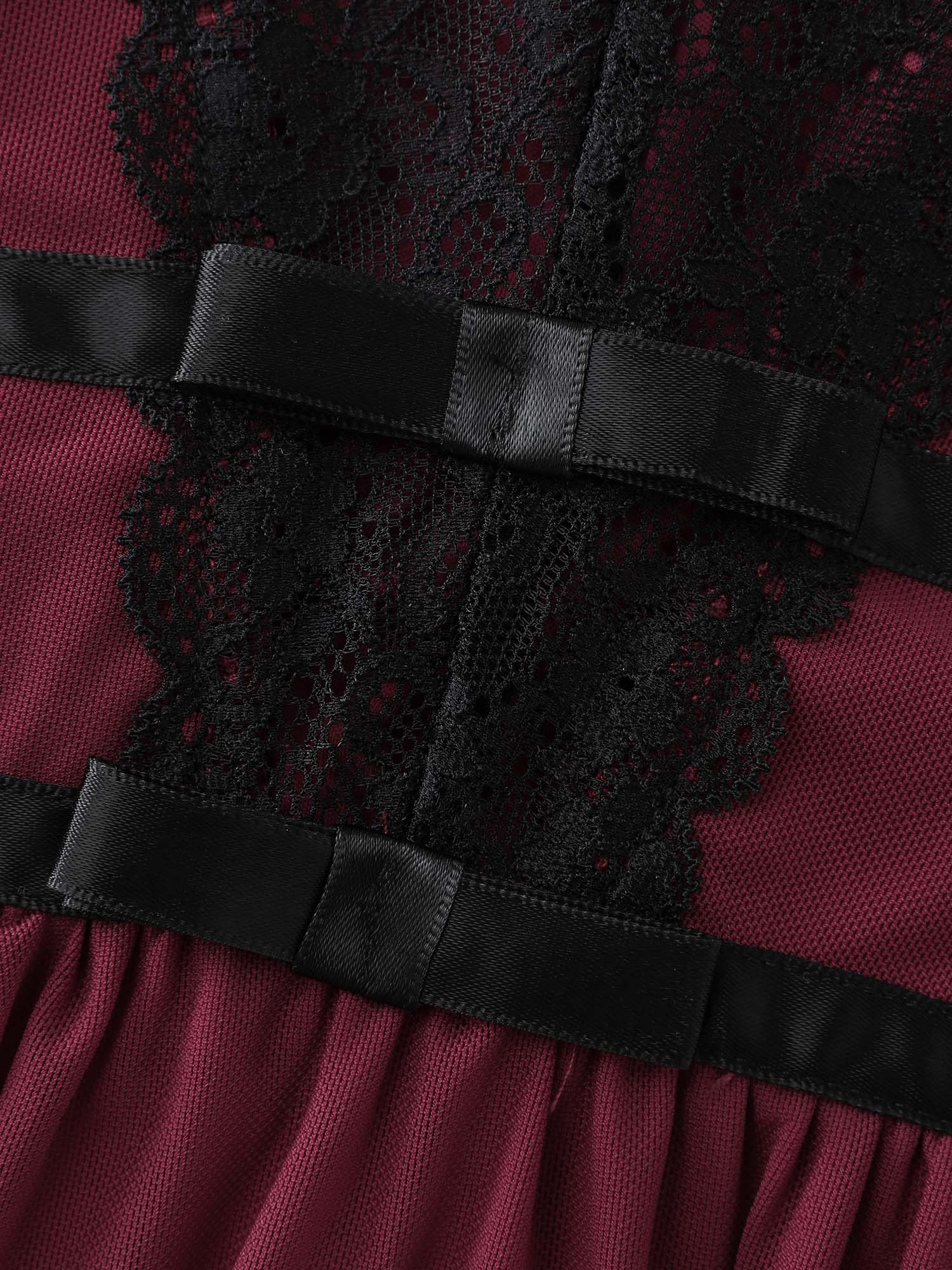 Side view of BloomChic Women's Plus Size Deep Lace Neckline Cinched Nightgown Burgundy Sleeveless Tunic 30/6X