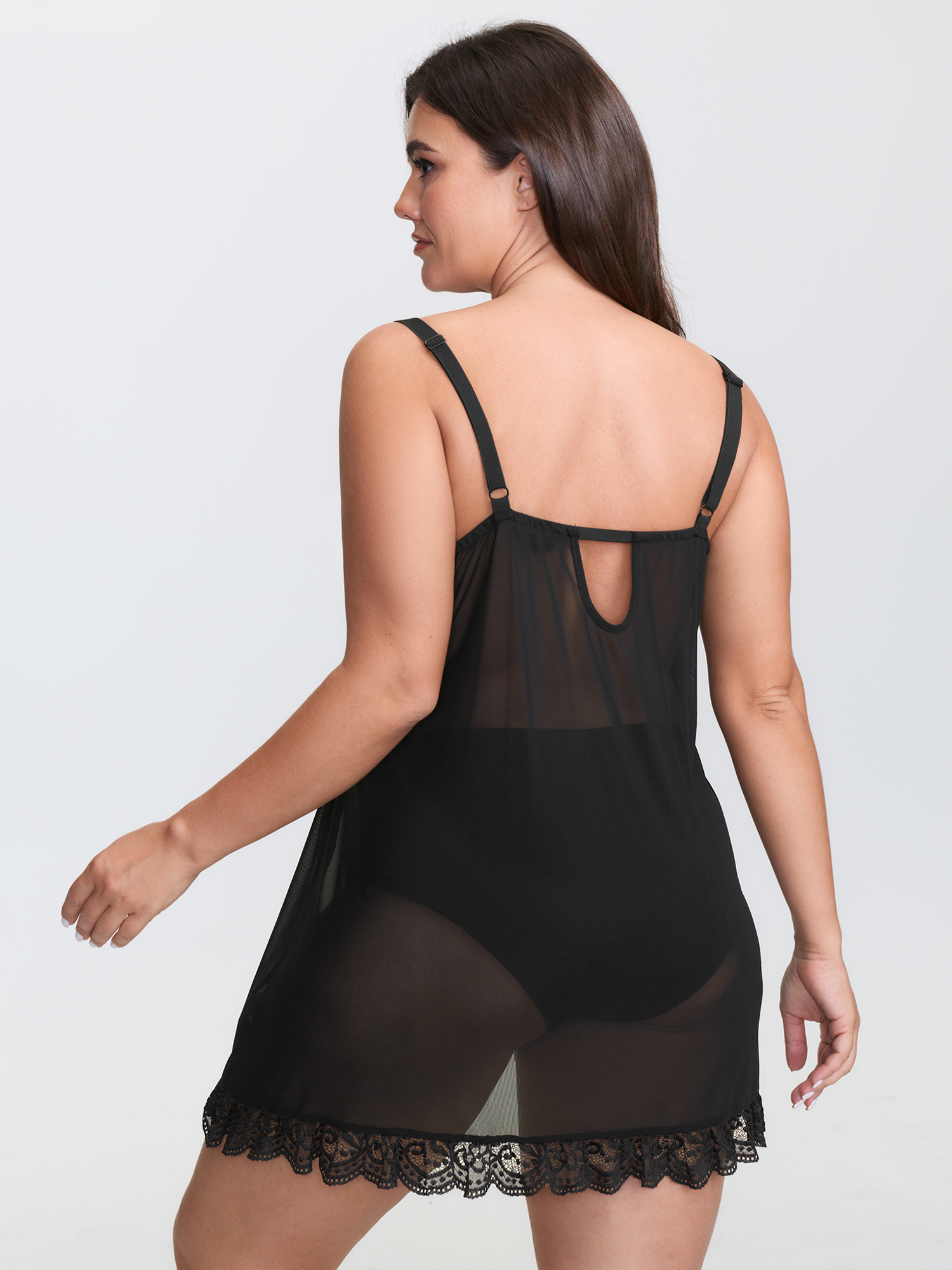Side view of BloomChic Women's Plus Size Sheer Scalloped Lace High-Low Hem Nightgown Black Sleeveless Crop 30/6X