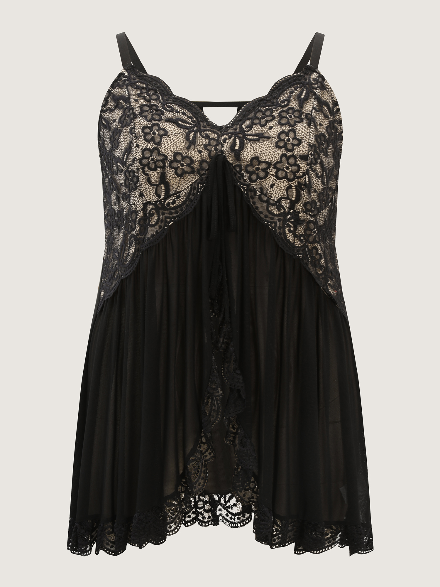 Side view of BloomChic Women's Plus Size Sheer Scalloped Lace High-Low Hem Nightgown Black Sleeveless Crop 30/6X